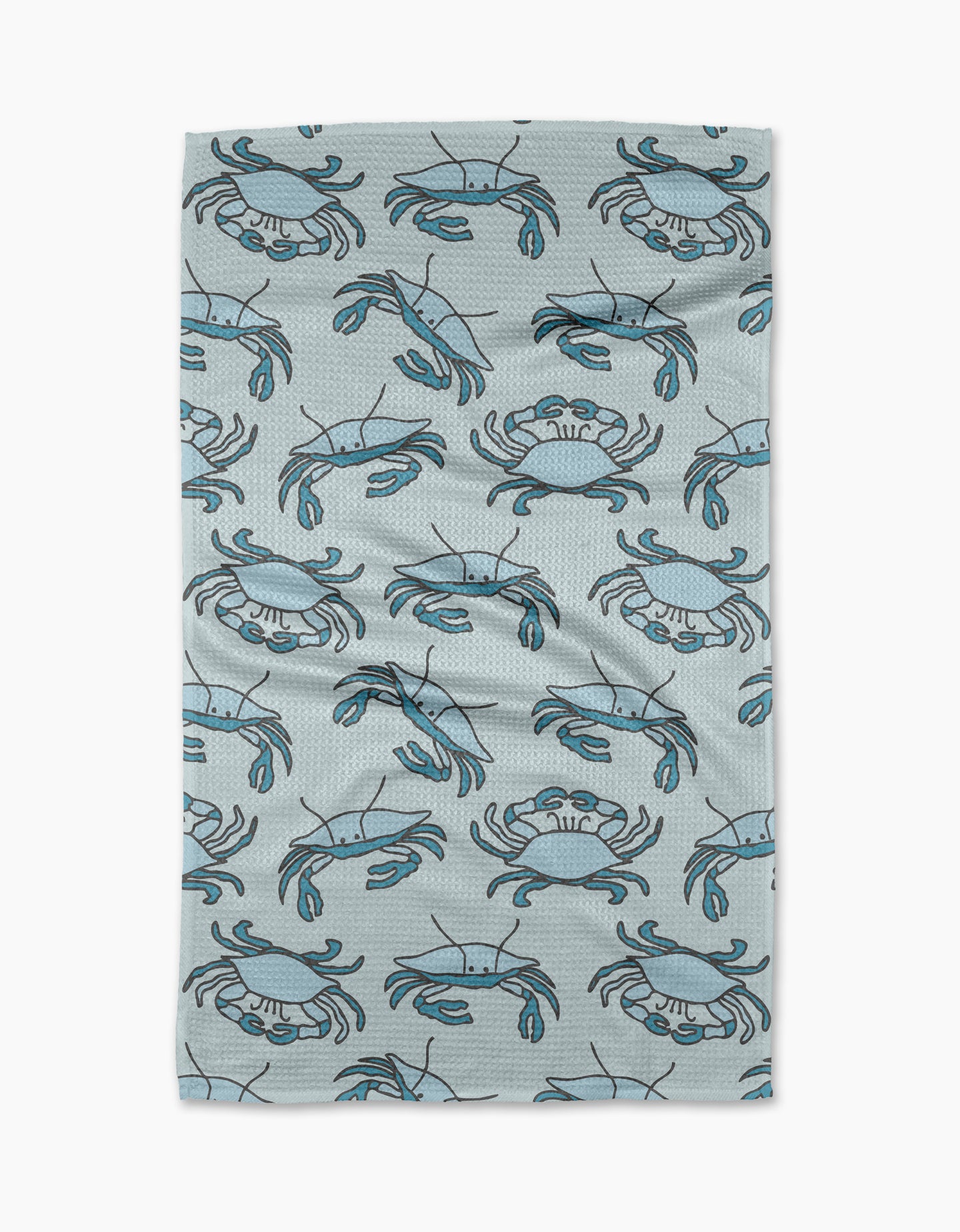The Mindfulnice Coastal Crew is a textured, light gray recycled kitchen towel with a simple cartoon blue crab pattern. Ultra-absorbent and slightly wrinkled, it’s shown on a white background.