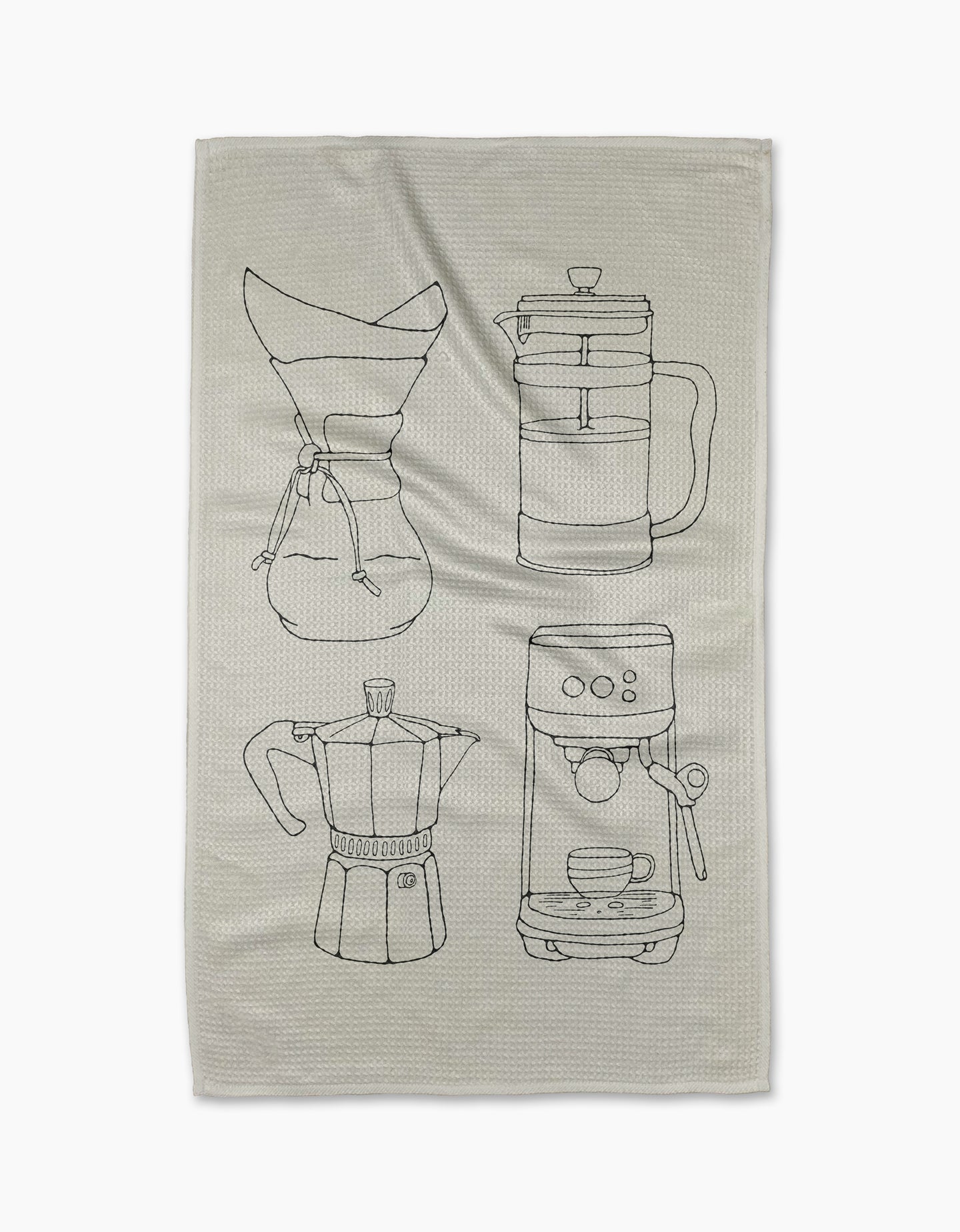 Coffee House by Rosa Kichline is a quick-drying beige tea towel with black line drawings of a Chemex, French press, moka pot, and espresso machine with a cup underneath.