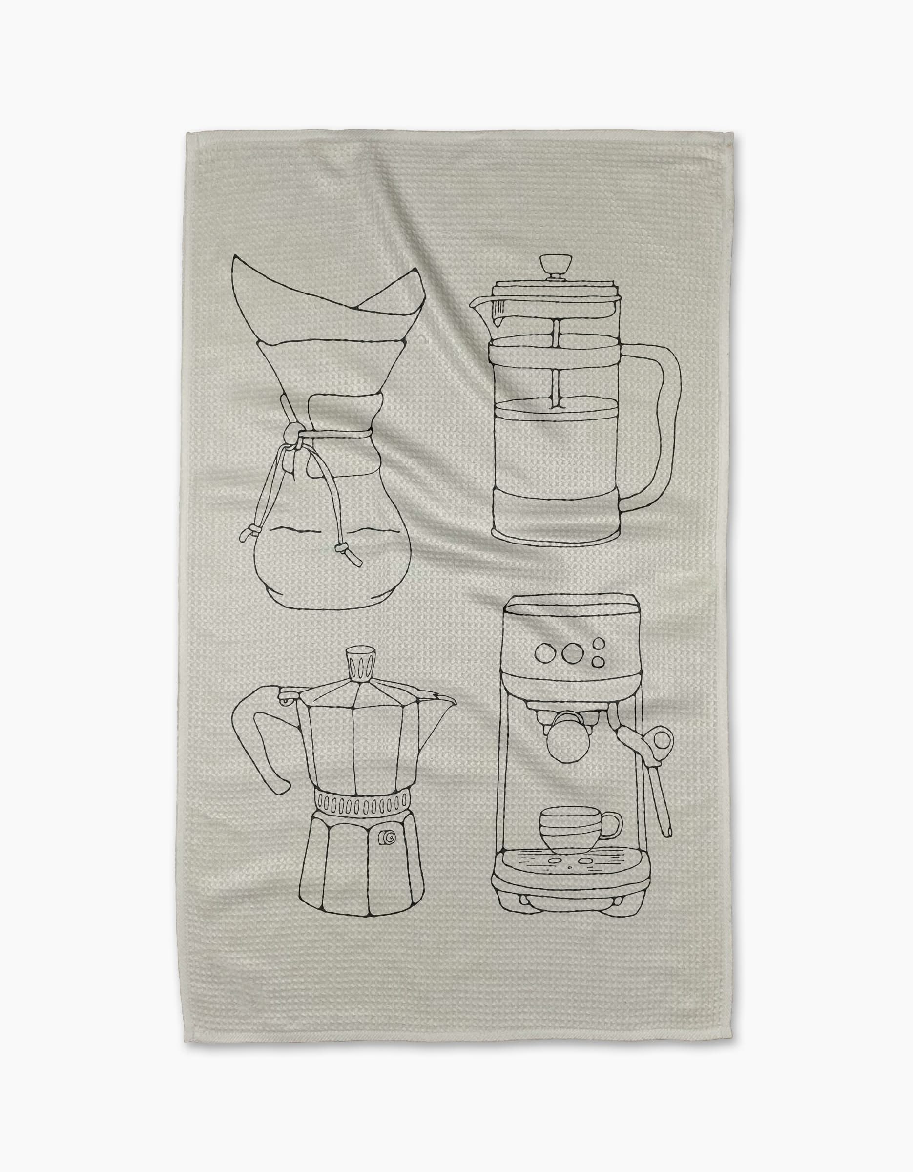 Coffee House by Rosa Kichline is a quick-drying beige tea towel with black line drawings of a Chemex, French press, moka pot, and espresso machine with a cup underneath.