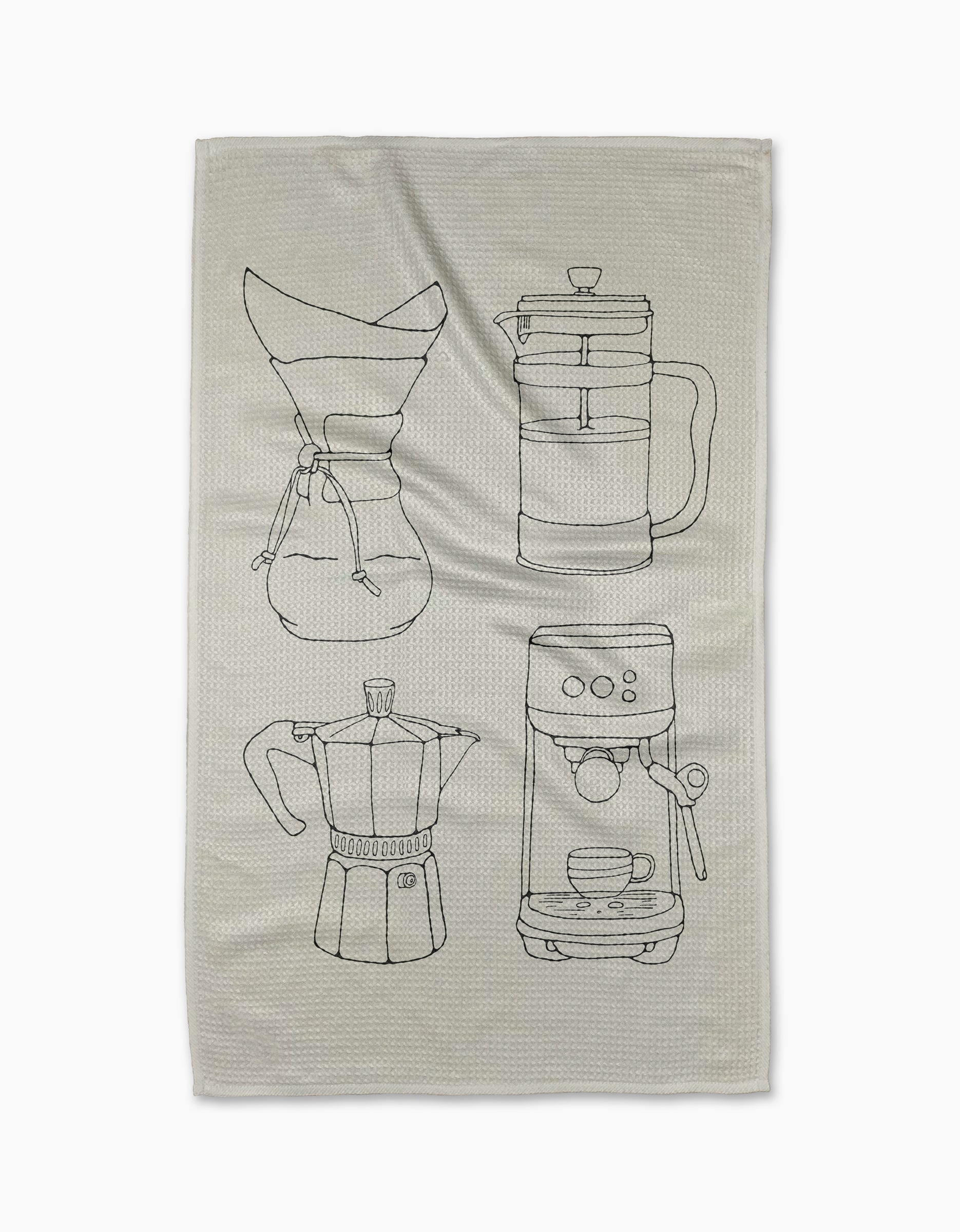 Coffee House by Rosa Kichline is a quick-drying beige tea towel with black line drawings of a Chemex, French press, moka pot, and espresso machine with a cup underneath.