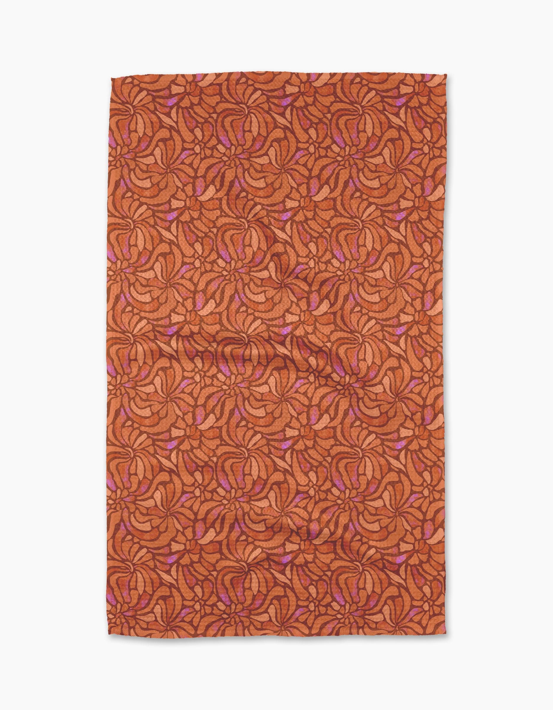 The Geometry Coral Swirls Tea Towel features an abstract pattern of swirling, interlocking shapes in dark orange and pink on white, crafted from Geoweave™ fabric.