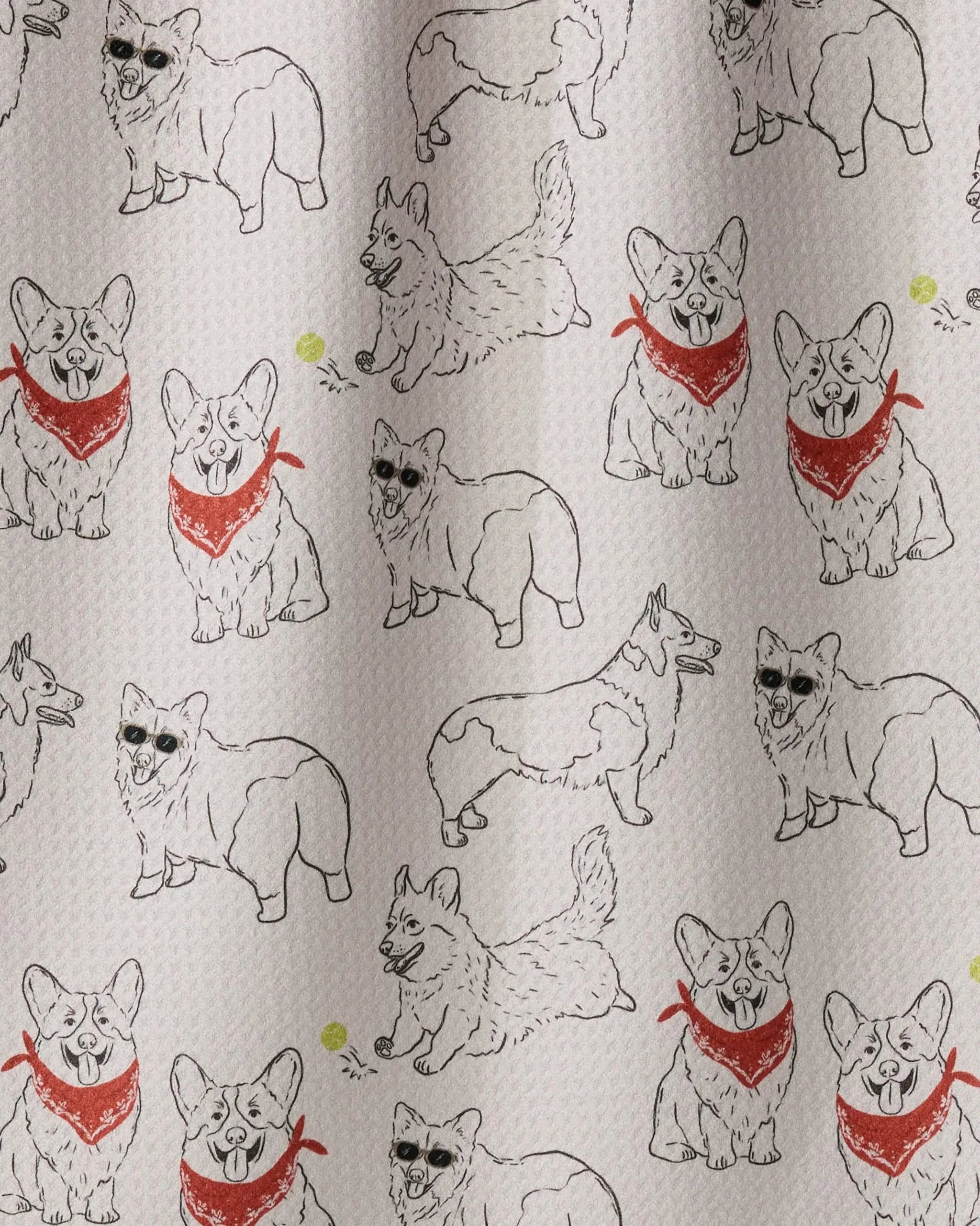 Cheerful line drawings of corgis in a variety of playful poses—some sporting red bandanas or sunglasses—dance across the textured white background of the Geometry Corgi Club towel. Ultra-absorbent and charming, this recycled kitchen towel brings both function and fun to your daily routine, making it perfect for use as a tea towel or everyday kitchen accessory.