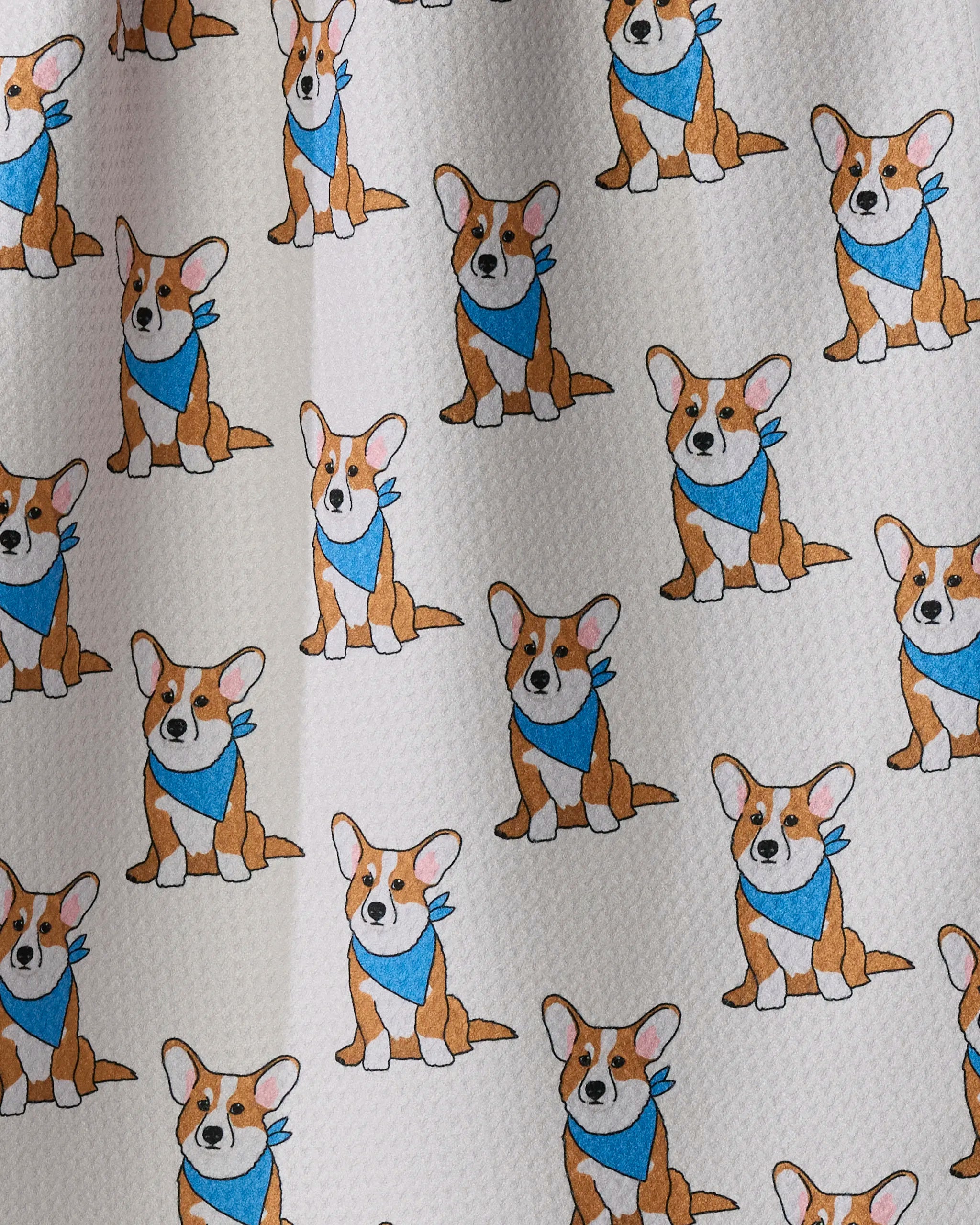 Corgi Pals by Geometry: A patterned fabric showcasing cartoon corgi dogs in blue bandanas, sitting and facing forward against a light, textured background—ideal for eco-friendly kitchen tea towels made from recycled materials.
