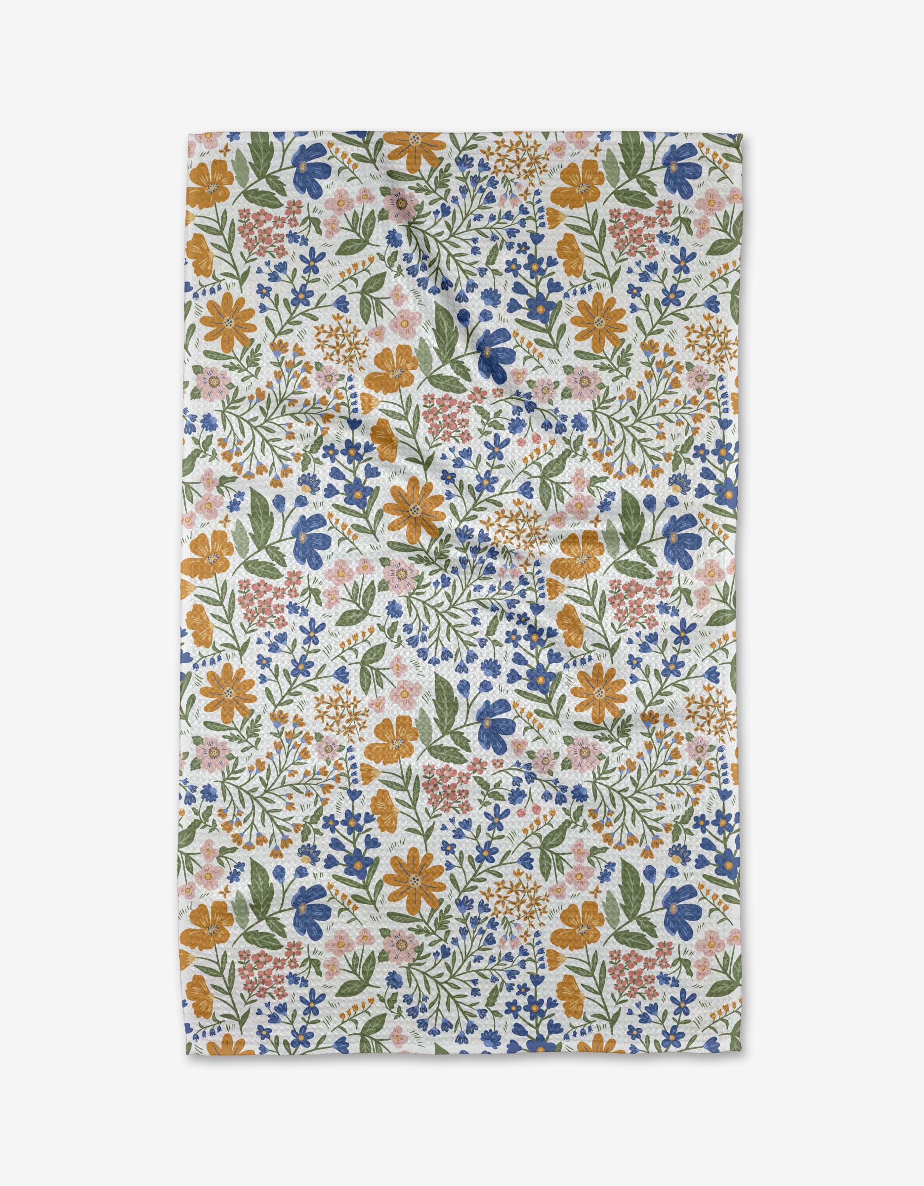 The Danelys Sidron Cottage Meadow Pastel is a rectangular tea towel featuring a colorful floral pattern with yellow, blue, pink, and orange flowers and green leaves on ultra-absorbent white Geoweave fabric.