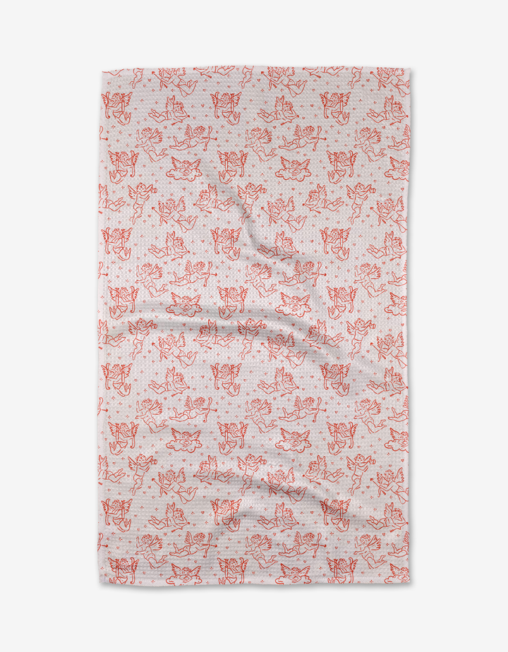 The Cupids My Valentine tea towel by Kayla Ann features playful red line-art cat illustrations in various poses on a plain white background.