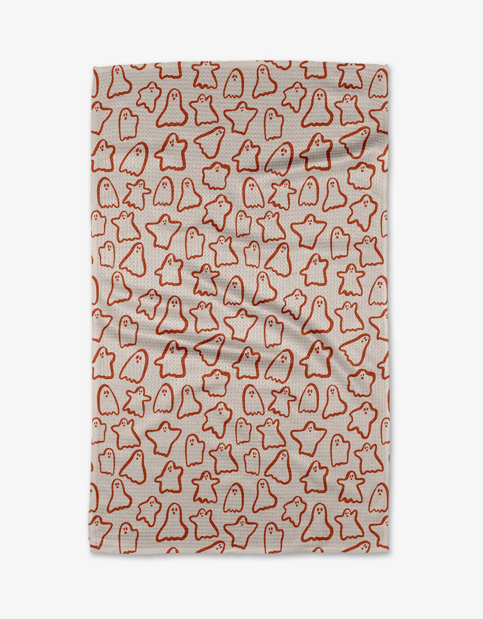The Kayla Ann Cute Ghosts rectangular beige tea towel is made from ultra-absorbent recycled materials and features evenly spaced simple red-outlined cartoon ghosts across the surface.
