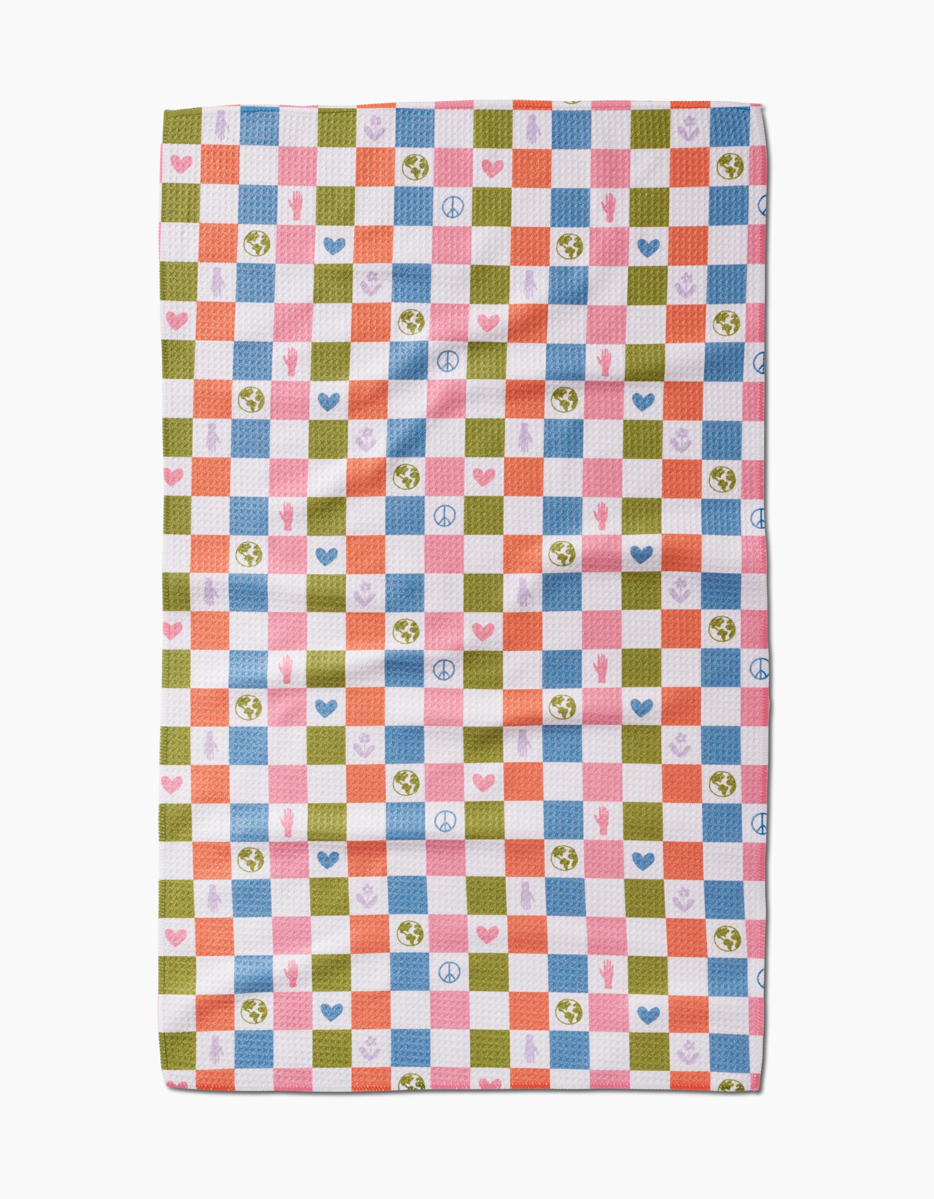 The Kayla Ann Earth Day Checkers Kitchen Tea Towel showcases pink, orange, blue, and green checks with peace signs, hearts, globes, and handprints—crafted from recycled materials.
