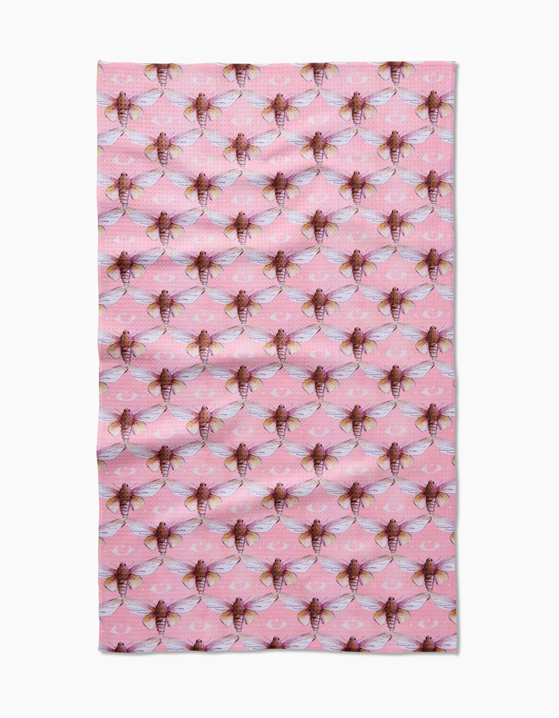 Echo by Maayan Alper-Swan is a pink rectangular Geoweave fabric with a repeating pattern of bees—white wings, brown bodies—arranged in evenly spaced rows.