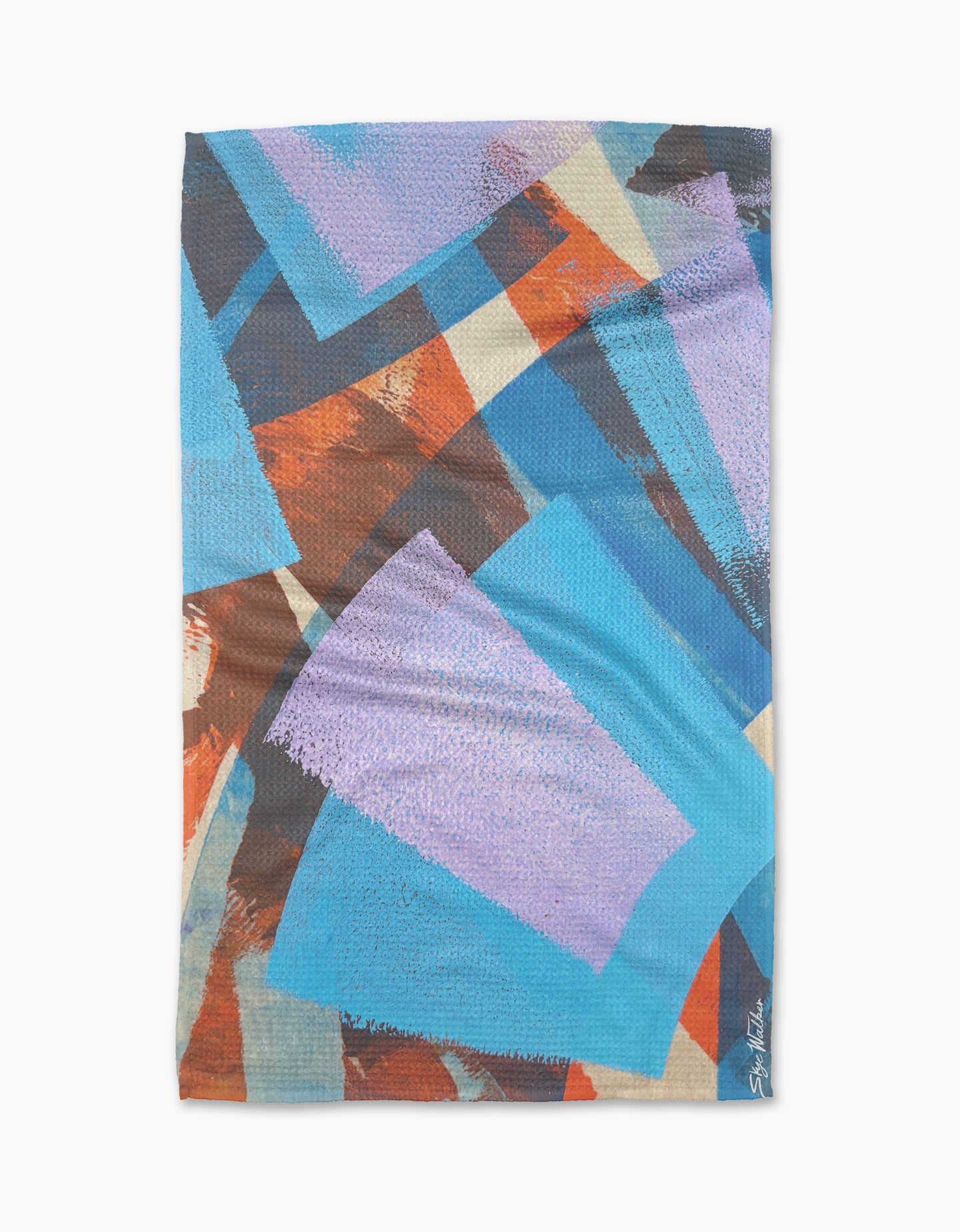 Echoes of Color by Skye Walker is a rectangular quick-drying towel with overlapping geometric shapes in blue, purple, orange, and beige for a dynamic look. The artist’s signature is featured in the bottom right corner.