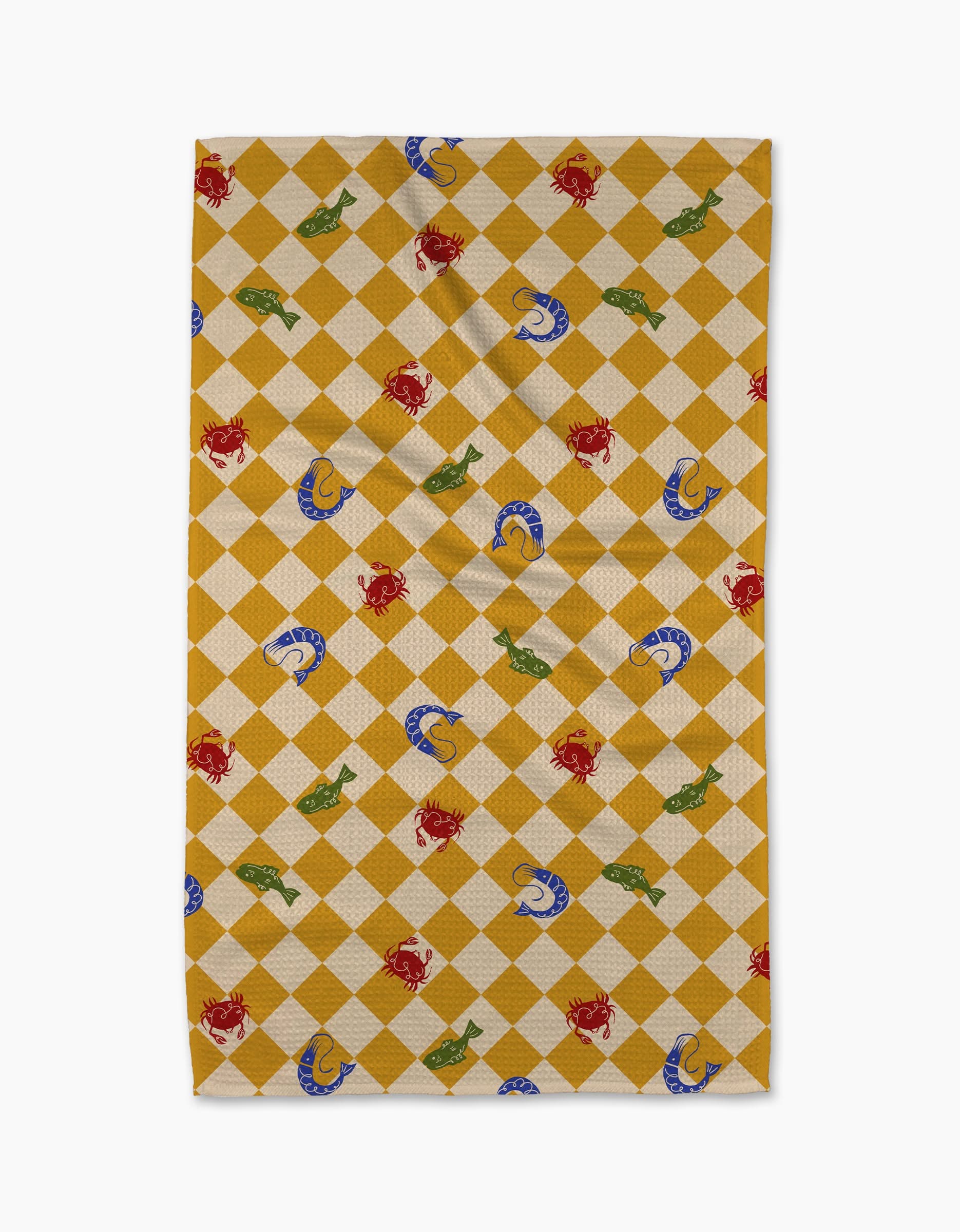 The El Mar Abierto Tea Towel by Geometry features Geoweave fabric and a yellow-and-white checkered pattern with red, blue, and green snake, lion, eagle, and badger illustrations arranged in diamond shapes.