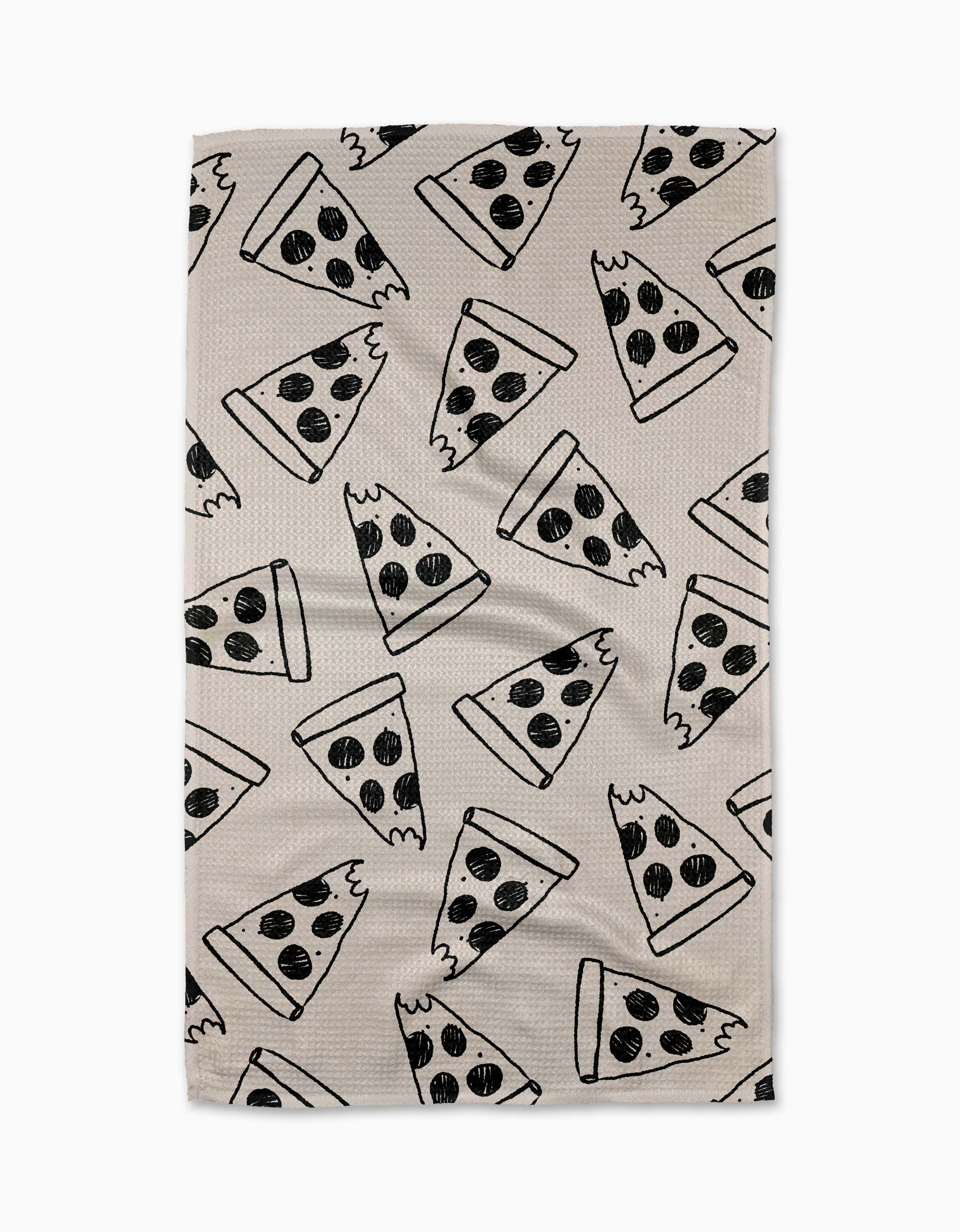 The Eternal Slice tea towel by Cole Strem is crafted from recycled Geoweave™ fabric and features a repeating black line drawing of pizza slices with three round toppings for an eco-friendly, stylish touch.