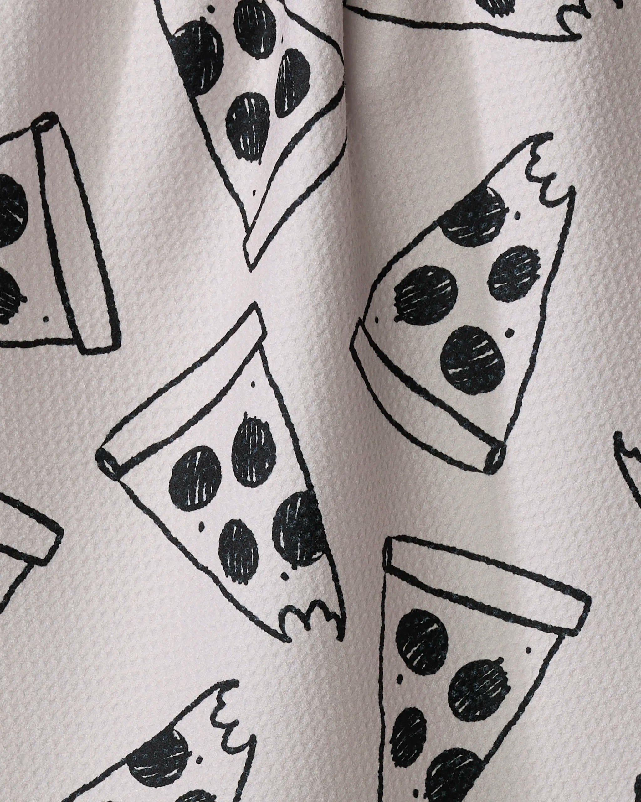 Hand-drawn black pepperoni pizza slices are scattered on a light textured background, creating a playful repeating pattern on the Eternal Slice towel by Cole Strem—perfect as an ultra-absorbent or tea towel for your kitchen.