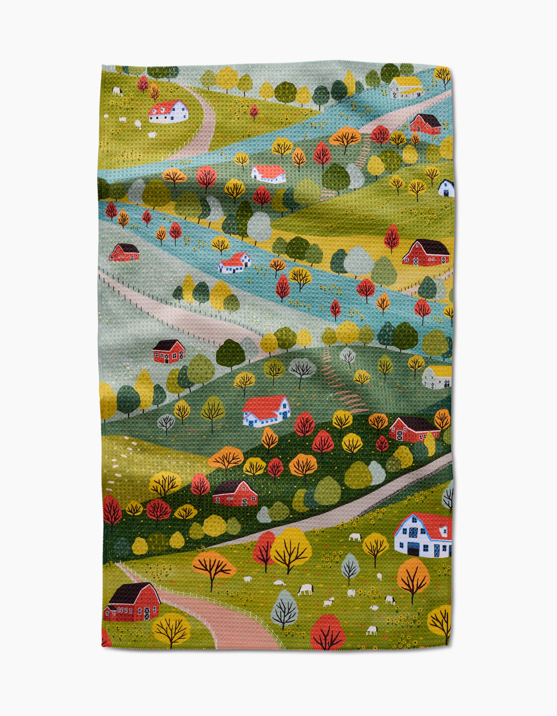 Fall Sunflower Cottage by Ceyda Alasar depicts a countryside with autumn trees, rolling hills, roads, and sheep on textured fabric—ideal for an eco-friendly tea towel made from recycled materials.
