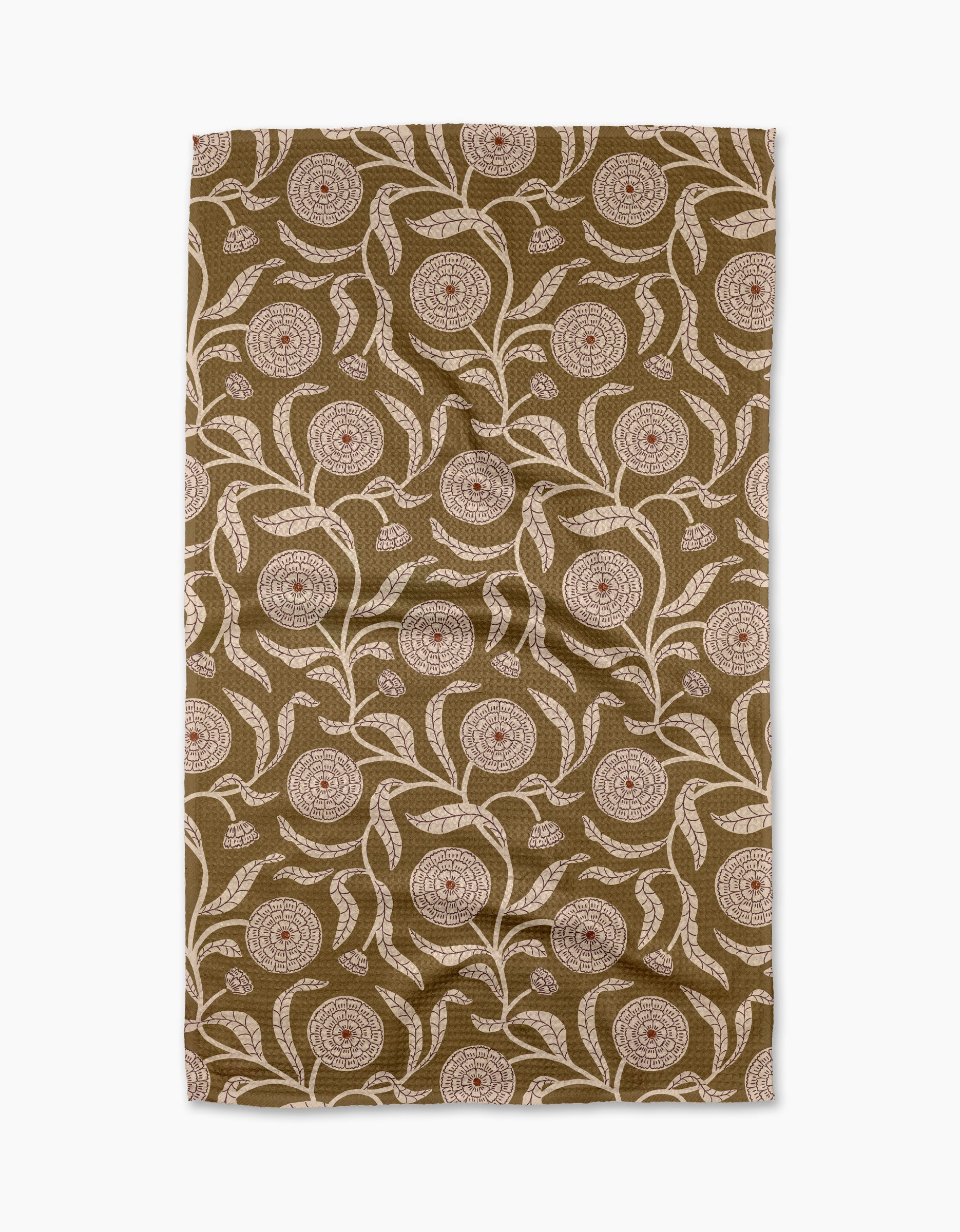 The Falling Flowers tea towel by Teri the Butter is a brown, rectangular dish towel with a cream and red floral pattern featuring circular flowers and curved leaves, shown textured and absorbent against a white background.