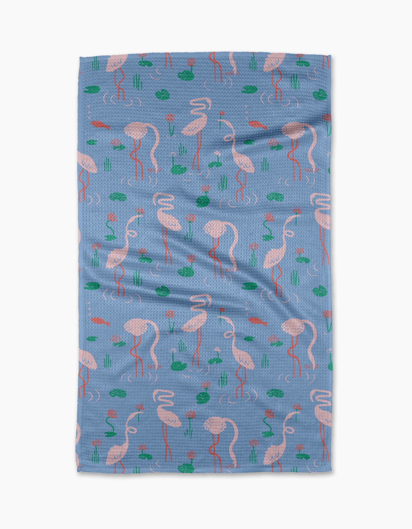 The Flirty Flamingo by Elisabeth Wing is a blue blanket crafted from recycled materials, adorned with pink flamingos and green lily pads in a playful repeating pattern.