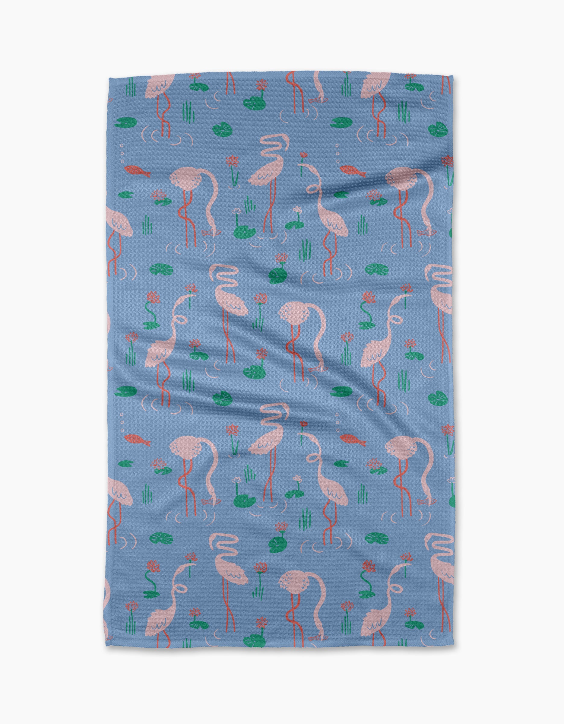 The Flirty Flamingo by Elisabeth Wing is a blue blanket crafted from recycled materials, adorned with pink flamingos and green lily pads in a playful repeating pattern.