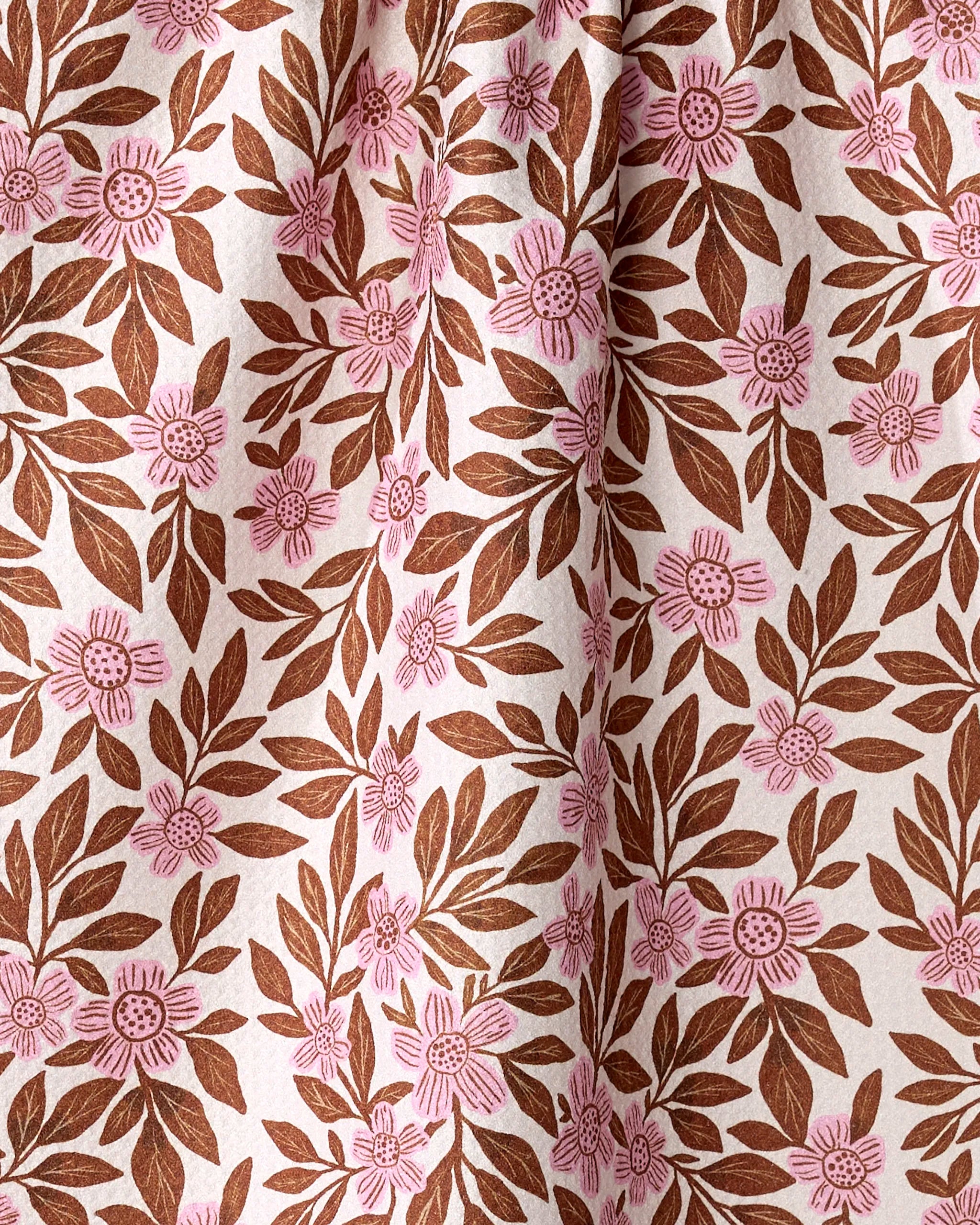 Floral Meadow by Lisa Nelson features a repetitive pattern of brown leaves and pink flowers on a light background. This ultra-absorbent kitchen tea towel, made with recycled materials, has subtle folds that add texture and depth.