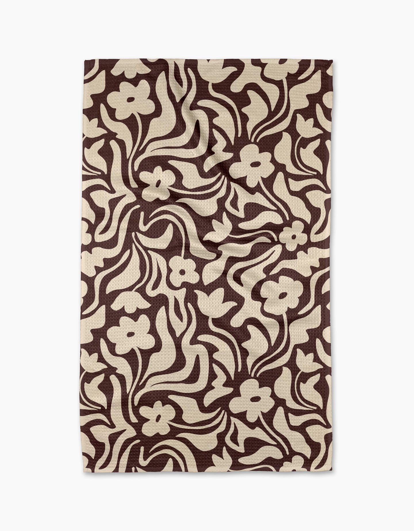 The Gerdadzy Floral Reverie rug is rectangular and features a bold brown and beige abstract floral pattern with swirling lines and stylized flowers, crafted from recycled materials for eco-friendly style.