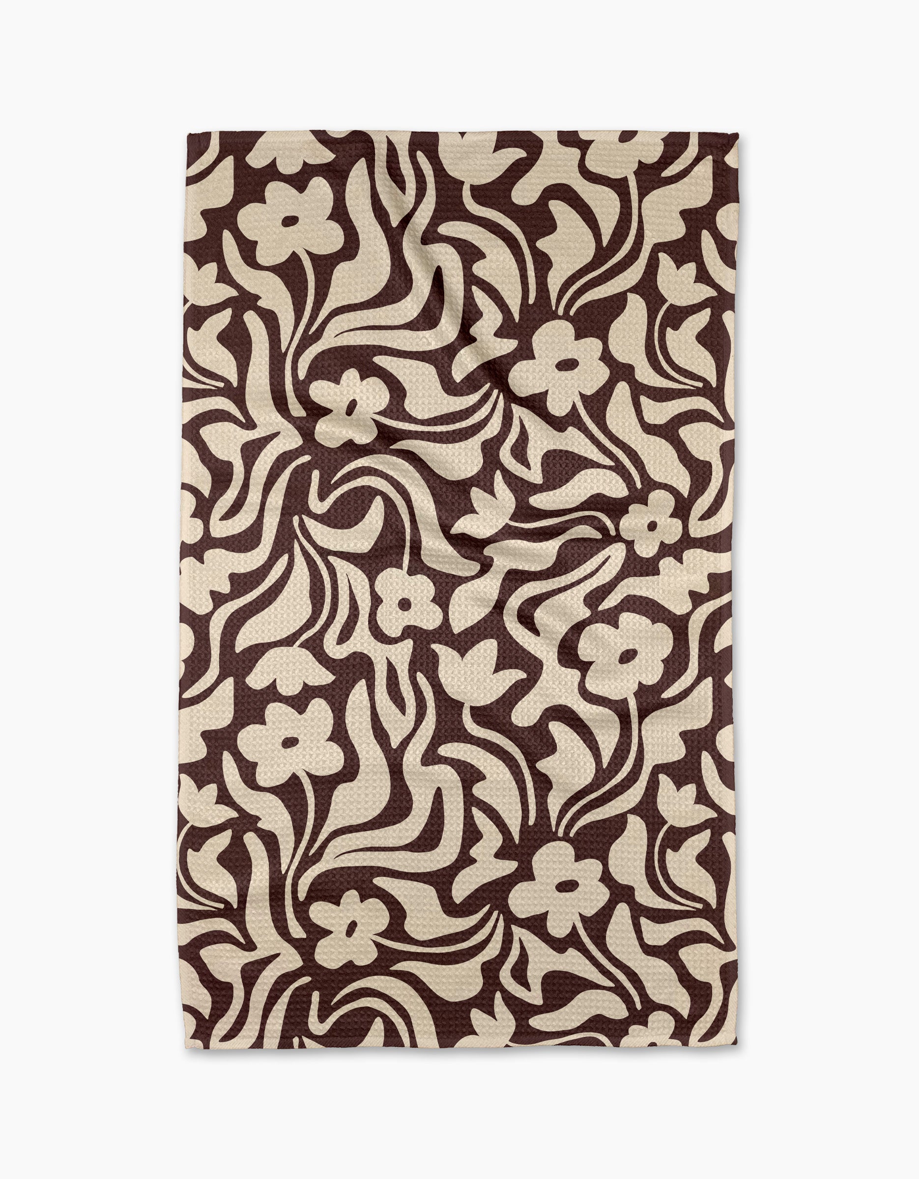 The Gerdadzy Floral Reverie rug is rectangular and features a bold brown and beige abstract floral pattern with swirling lines and stylized flowers, crafted from recycled materials for eco-friendly style.