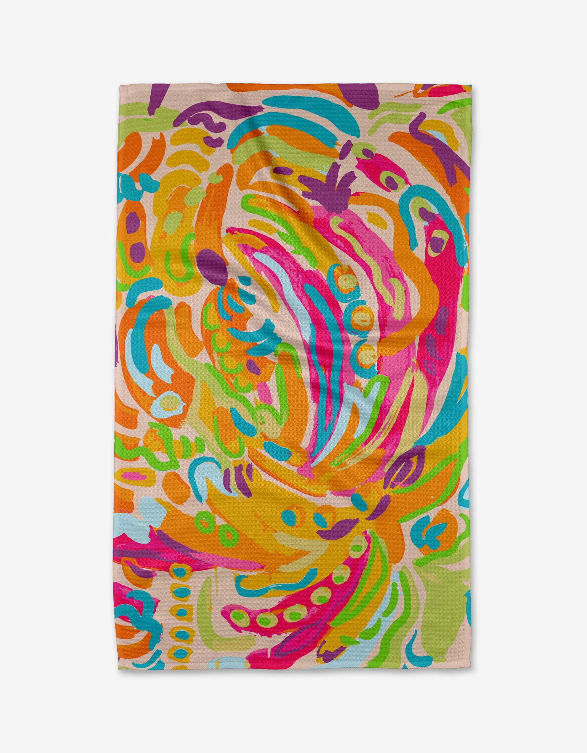 Florescence by Sareka Unique is a vibrant Geoweave tea towel with bold, swirling abstract patterns in orange, pink, blue, green, and yellow on beige—adding a playful splash of color to any kitchen.