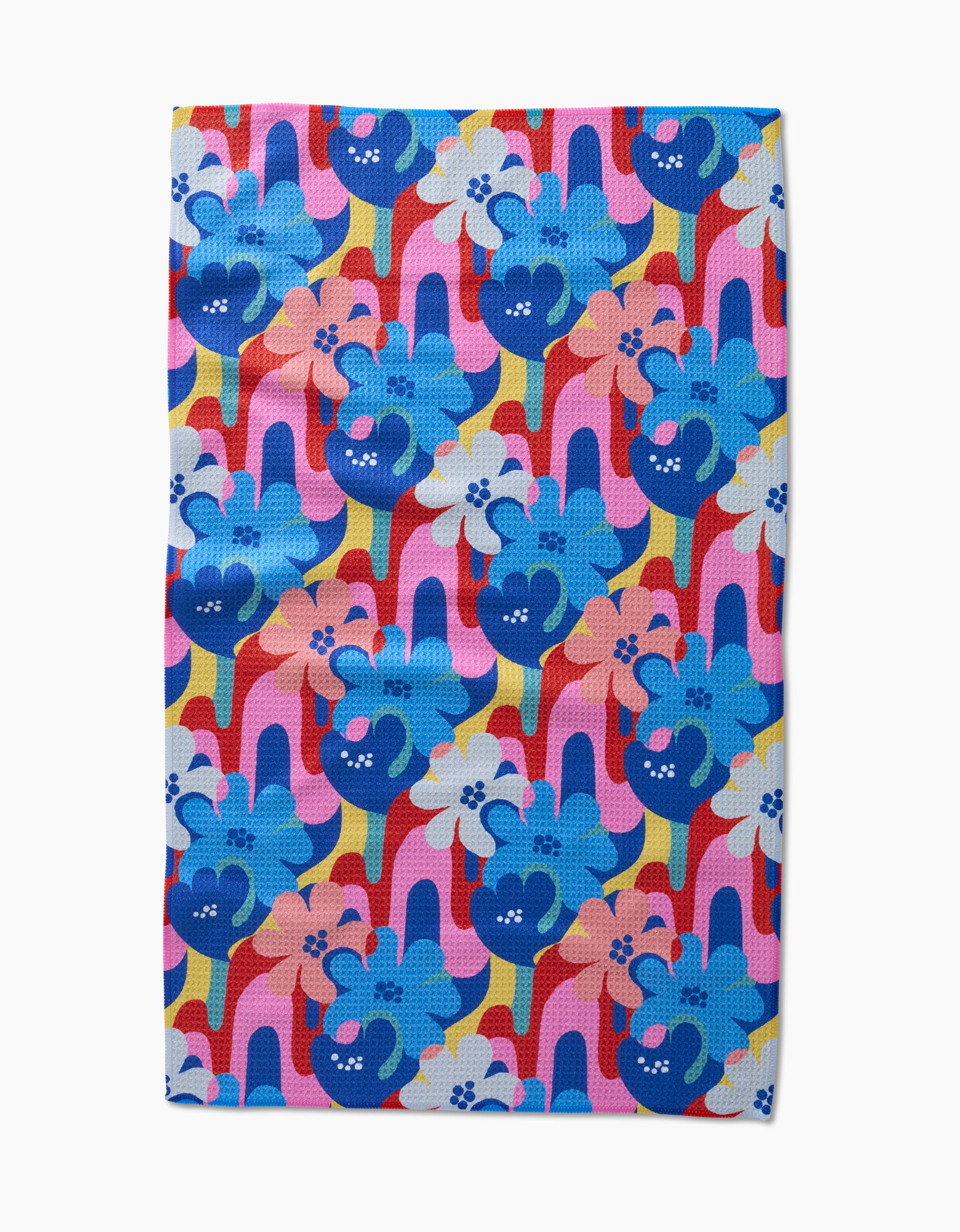 Introducing Flower Powers by Masha Volnova: a vibrant tea towel with stylized blue dogs—some with flower crowns—on a wavy pink, red, and yellow background. Made from post-consumer recycled materials.