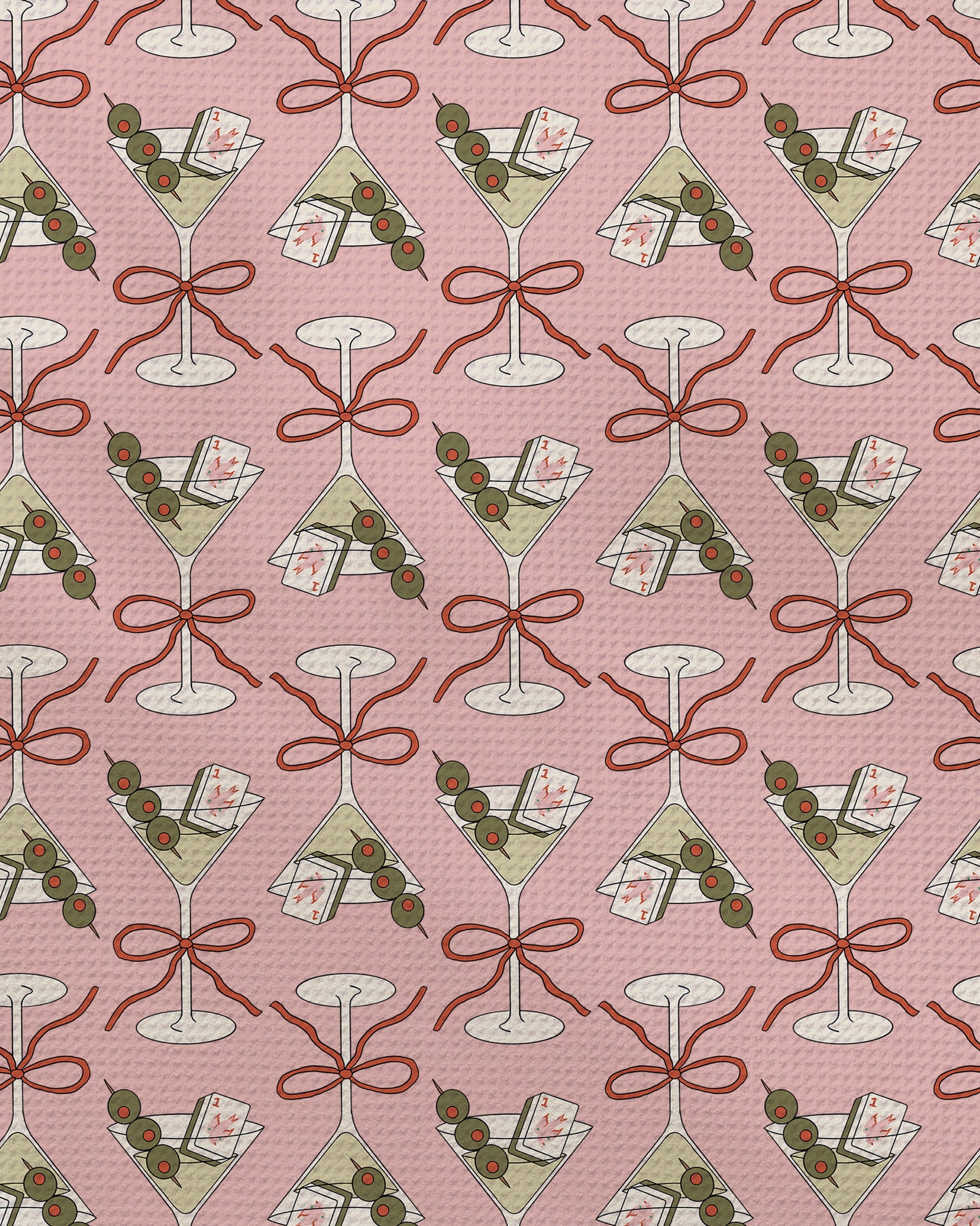 Flower-tinis by Geometry features a playful pattern of martini glasses with olives and playing cards, accented by red bows on a pink textured background. The repeating design alternates in orientation for a festive flair—perfect for brightening your kitchen as an ultra-absorbent tea towel crafted from recycled materials.