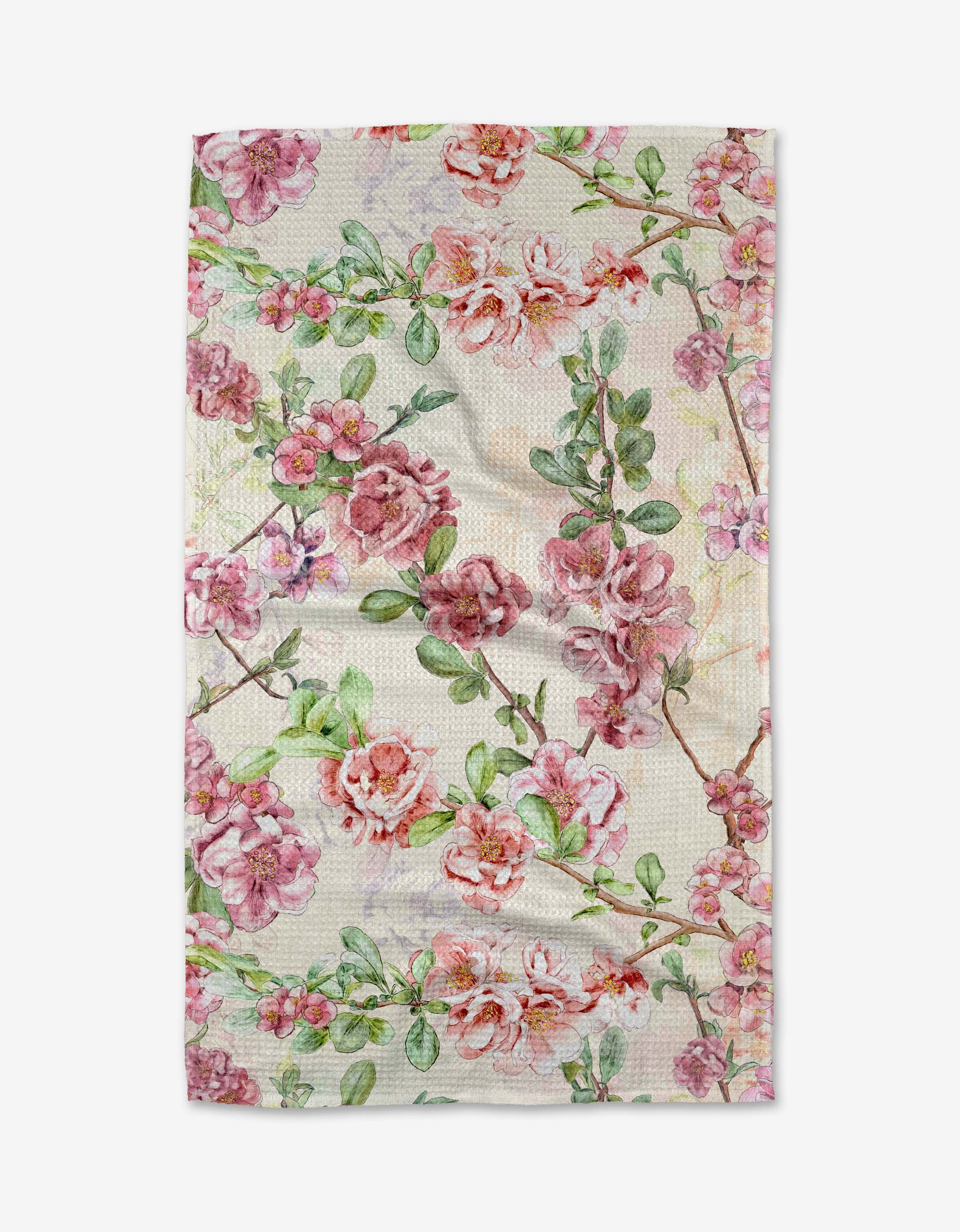 The Flowering Quince by Pascale Dilger is a rectangular cloth with pink and red rose floral patterns and green leaves on a light background, made from ultra-absorbent Geoweave fabric and shown flat on a white surface.