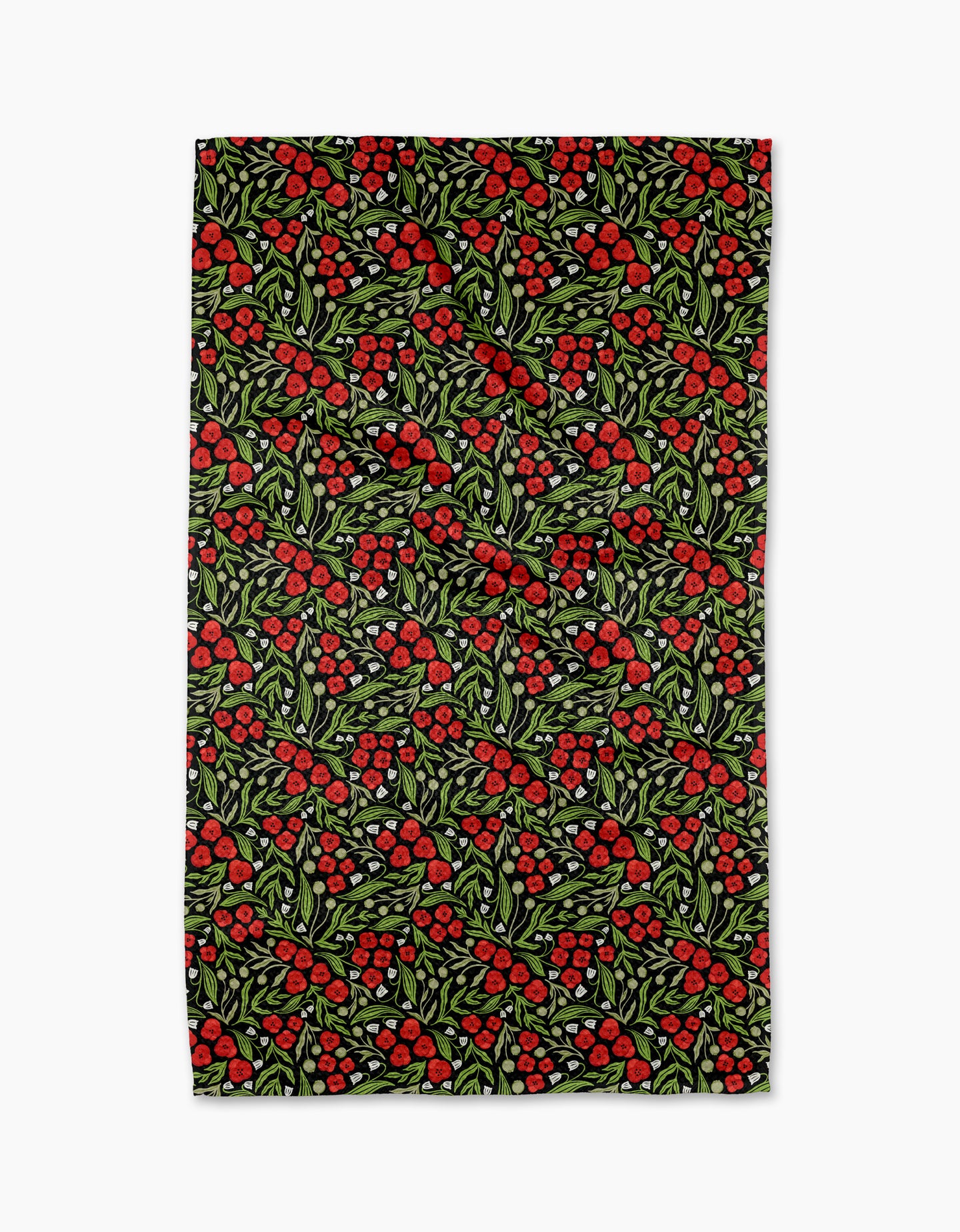 Flowing Poppies by Sarah Daugherty is a rectangular absorbent dish towel with a vibrant pattern of red berries and green leaves on black, adding festive botanical charm and practical flair to your kitchen.
