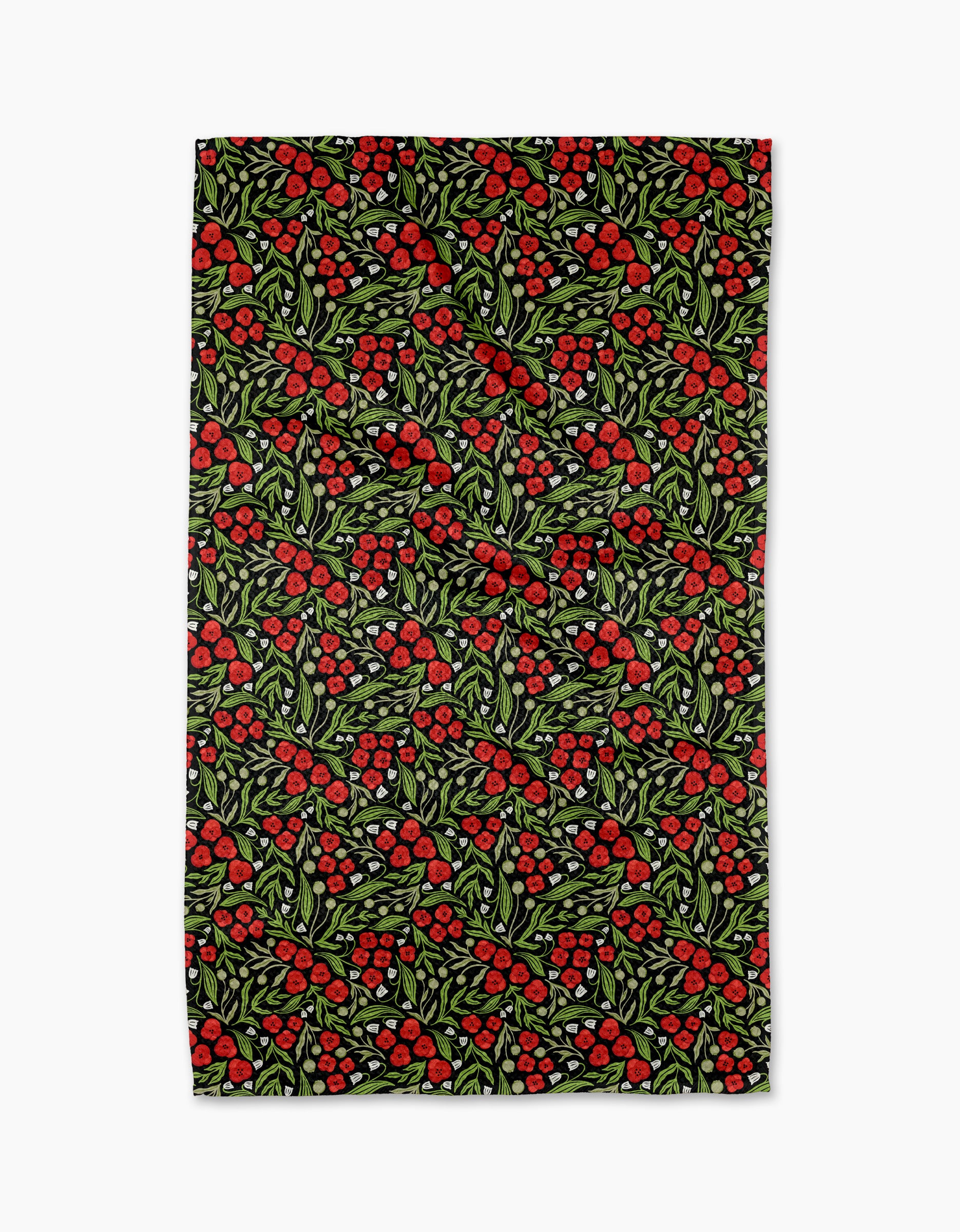 Flowing Poppies by Sarah Daugherty is a rectangular absorbent dish towel with a vibrant pattern of red berries and green leaves on black, adding festive botanical charm and practical flair to your kitchen.