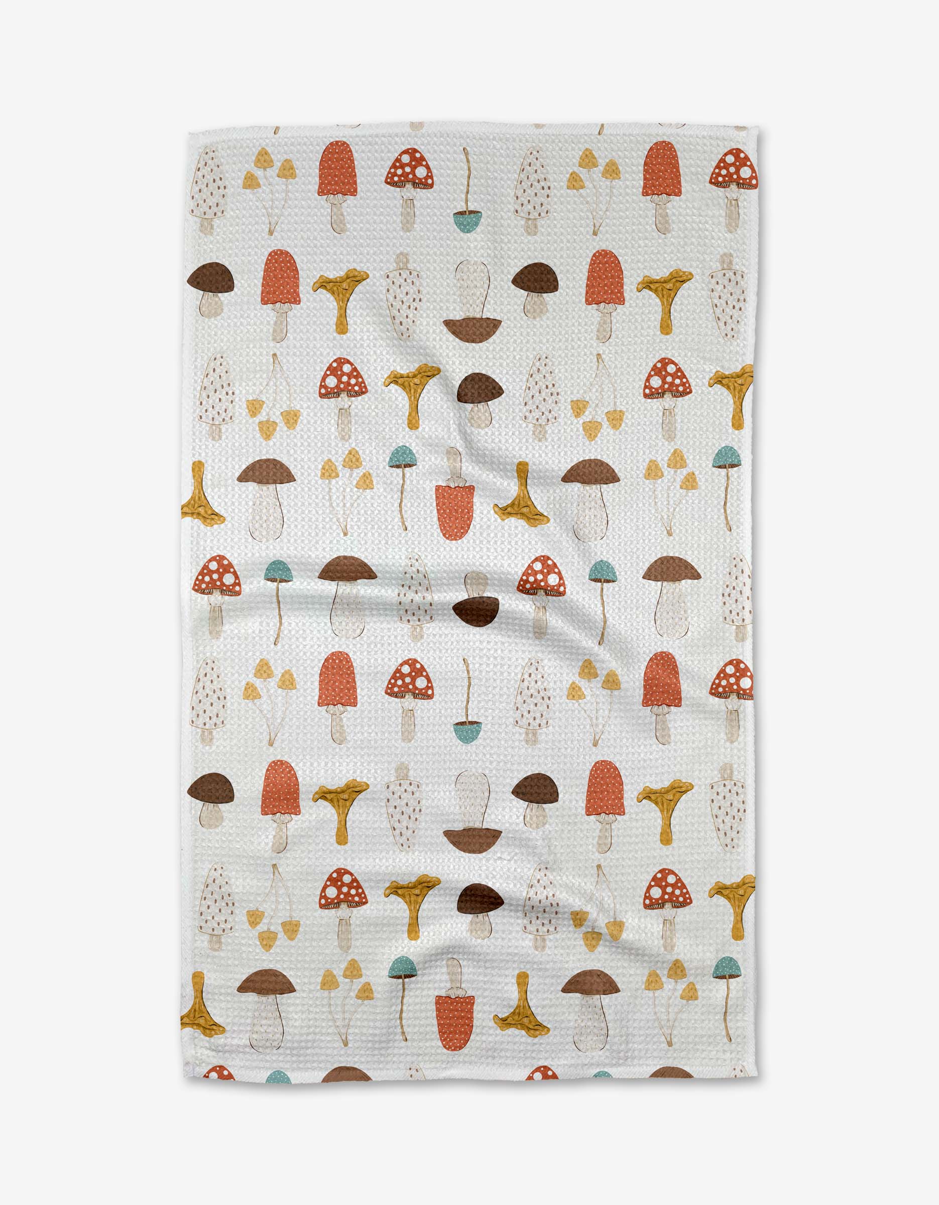 The Foraging tea towel by Sara Mari features a neat row pattern of colorful mushrooms in red, brown, yellow, and beige on white Geoweave™ fabric.
