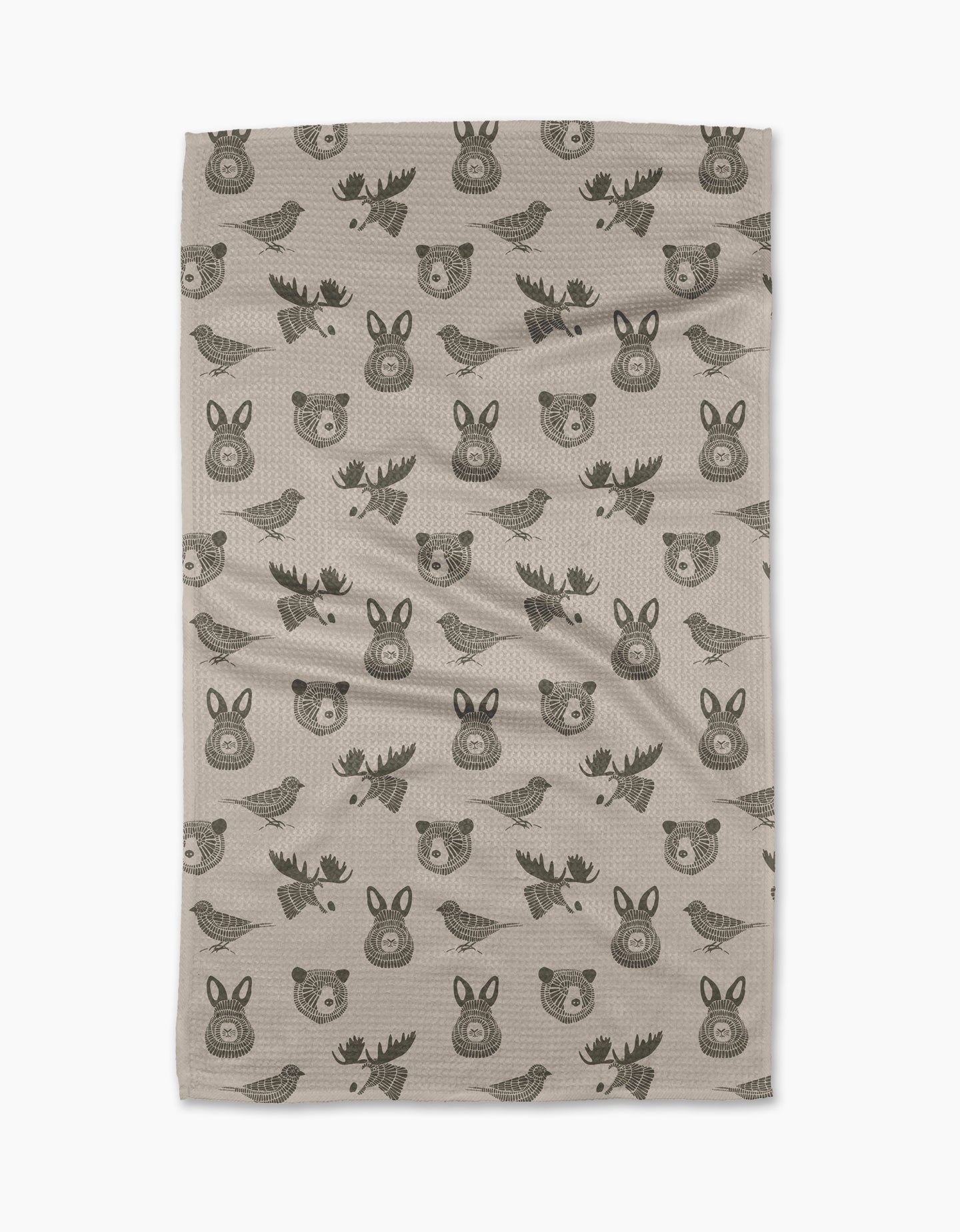 The Forest Animals tea towel by Rosa Kichline features beige fabric with a repeating pattern of simple, dark brown cartoon-style bears, moose, rabbits, and birds. Quick-drying and practical, it brings charm to any kitchen.