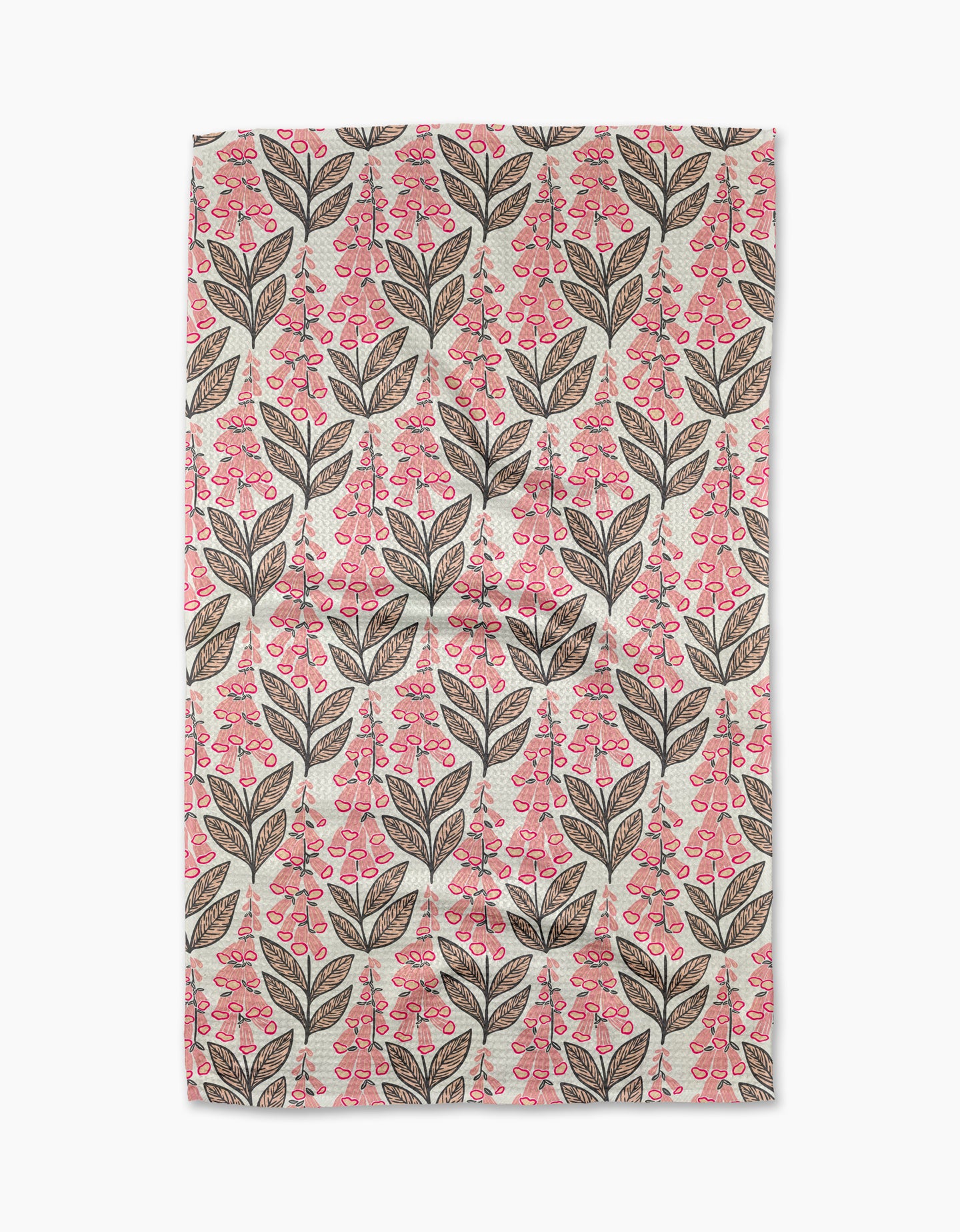 The Foxglove Finery tea towel by Sarah Daugherty features a symmetrical, evenly spaced pattern of brown leaves and pink berry clusters on light beige, crafted from quick-drying recycled materials.