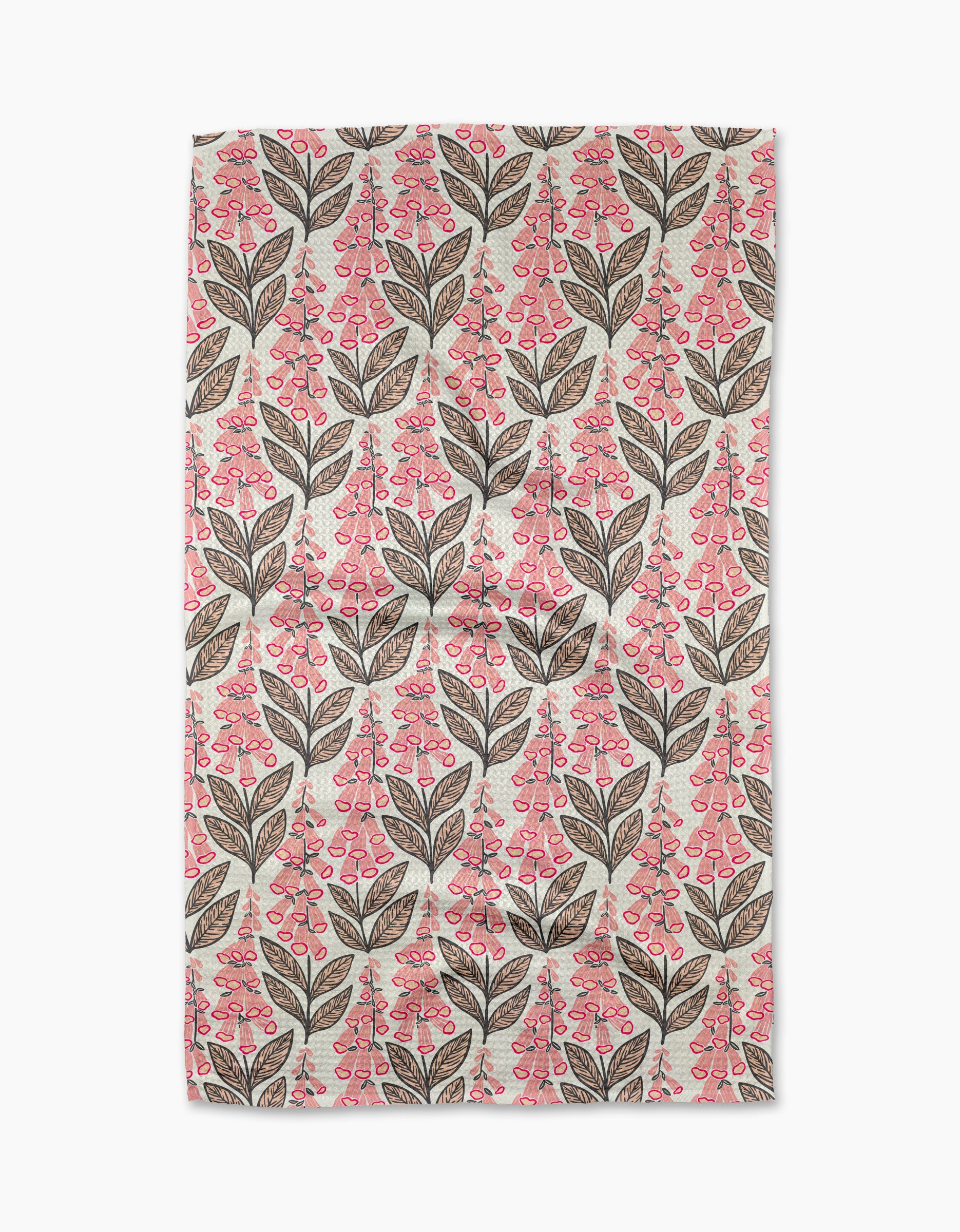 The Foxglove Finery tea towel by Sarah Daugherty features a symmetrical, evenly spaced pattern of brown leaves and pink berry clusters on light beige, crafted from quick-drying recycled materials.