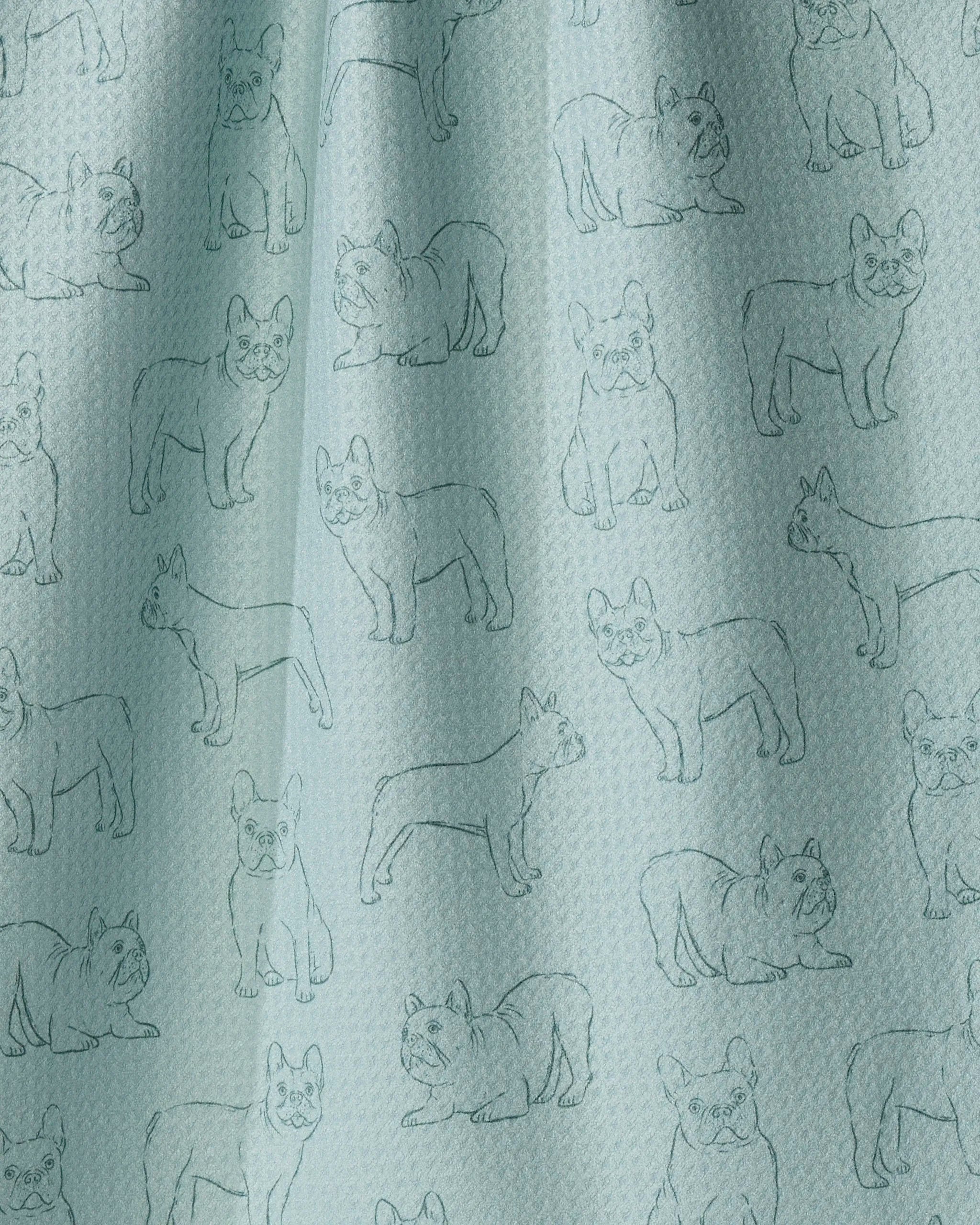 Introducing the Geometry Frenchie Pups dish towel—an absorbent, light blue textured fabric featuring an outlined pattern of French bulldogs in playful poses, combining stylish charm and practical function for your kitchen.