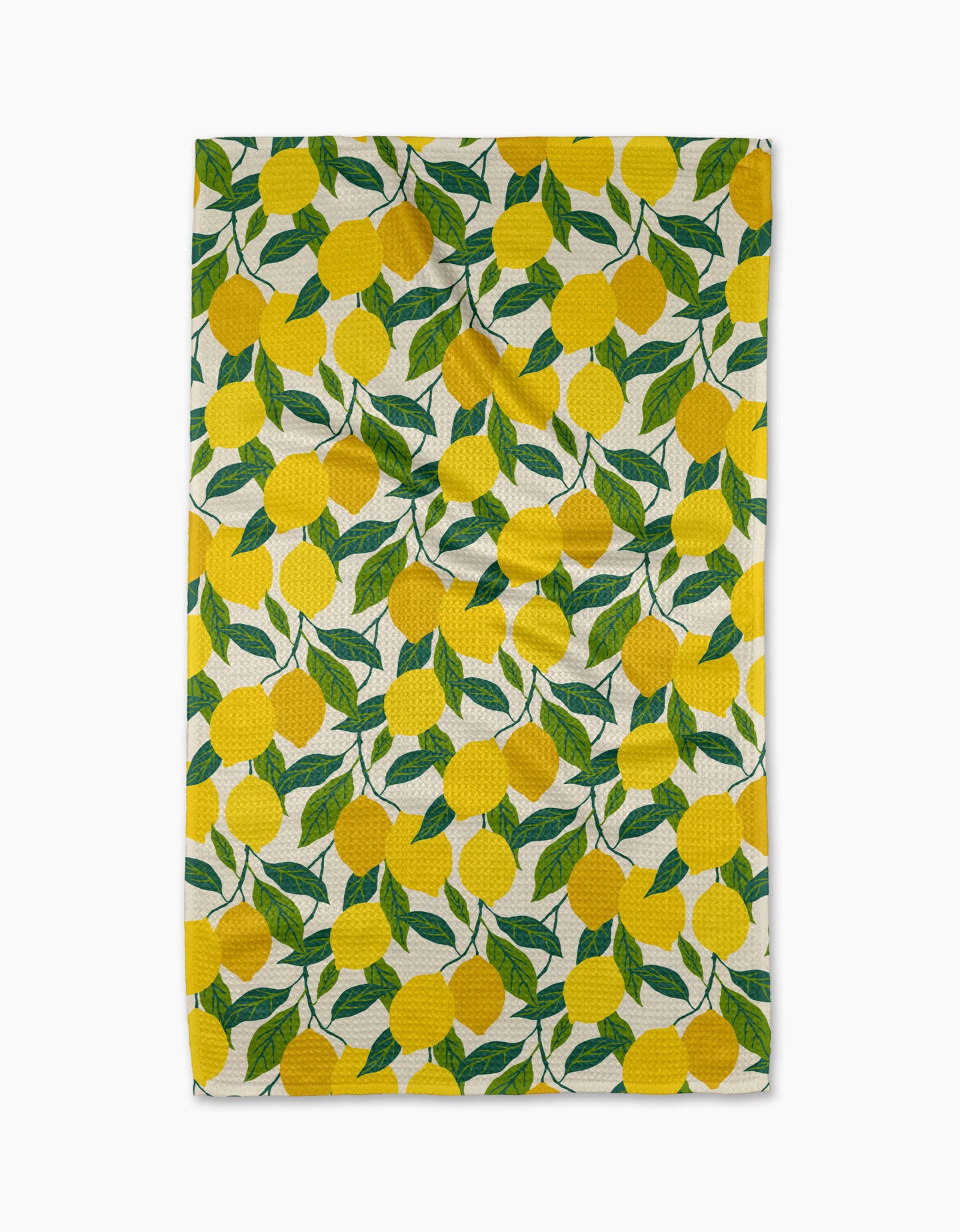 The Fresh Start tea towel by Susan Heid is rectangular, ultra-absorbent, and features a repeating design of bright yellow lemons with green leaves on a white background.