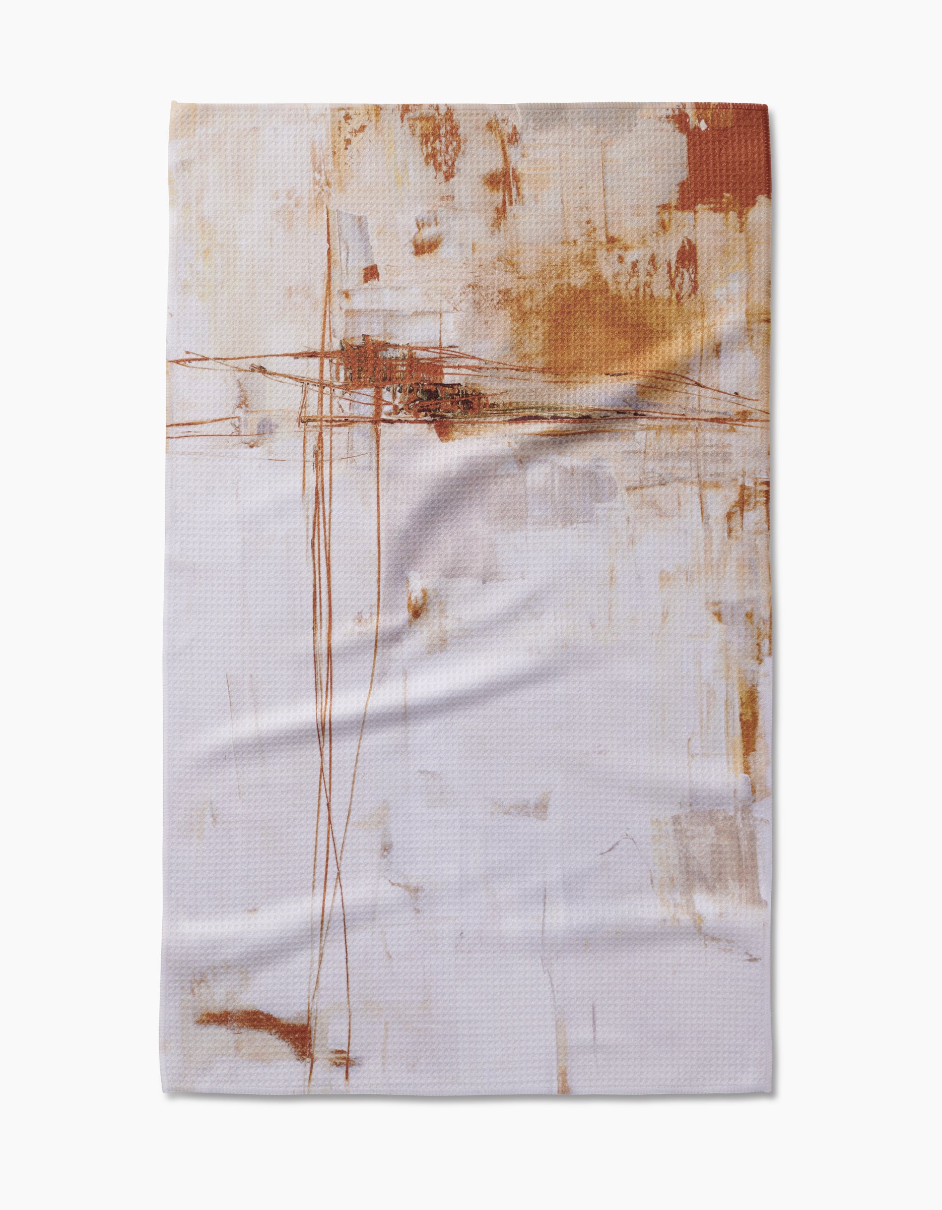 Frictions by Jennifer Janesko is a white Geoweave™ Fabric tea towel featuring an abstract design with brown and rust brush strokes and lines for a modern, artistic look.