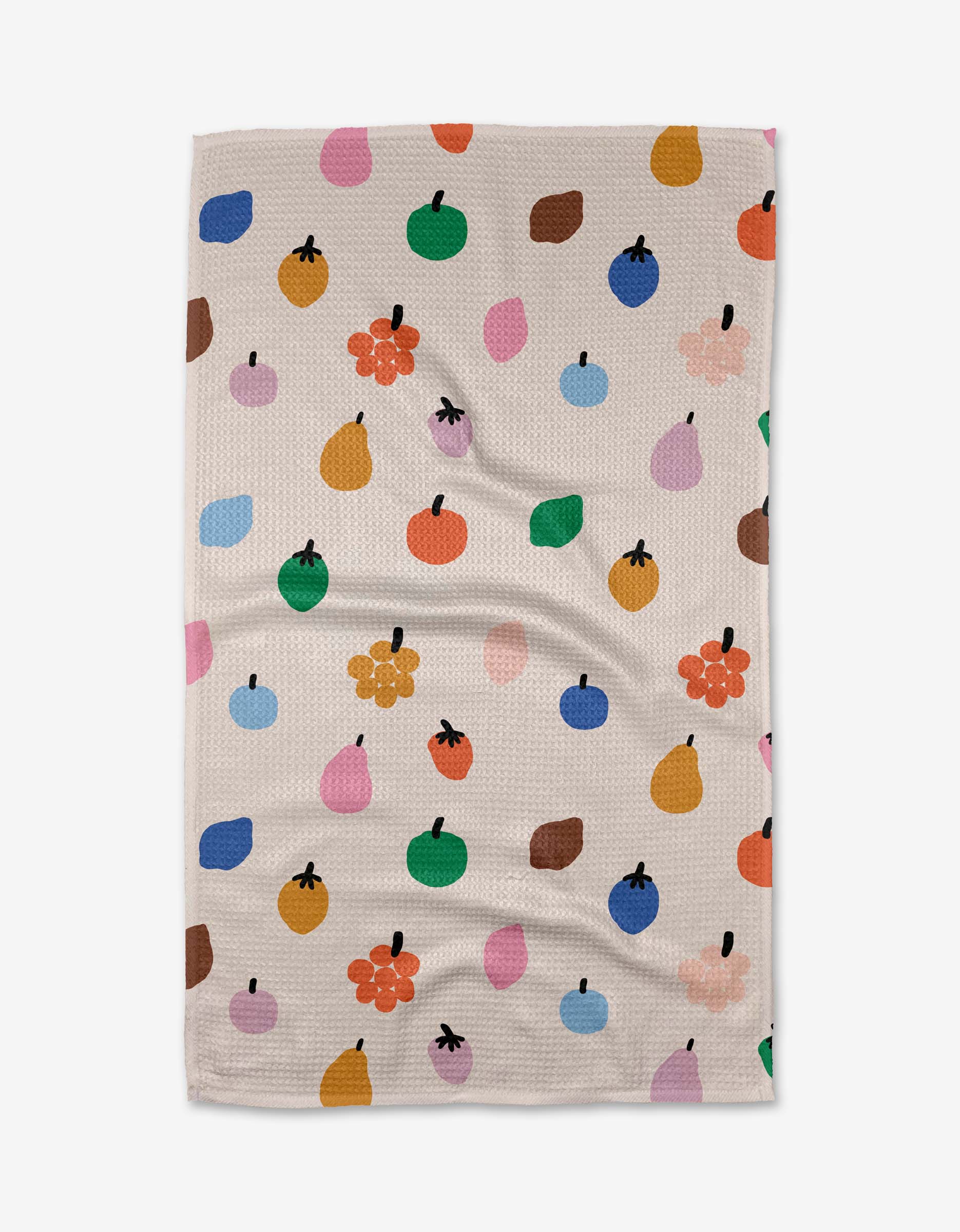The Fruit Basket dish towel by Jennifer Bouron features a beige textured design with colorful, abstract fruit and flower shapes, adding playful charm to any space—perfect as a recycled kitchen towel or absorbent dish towel.