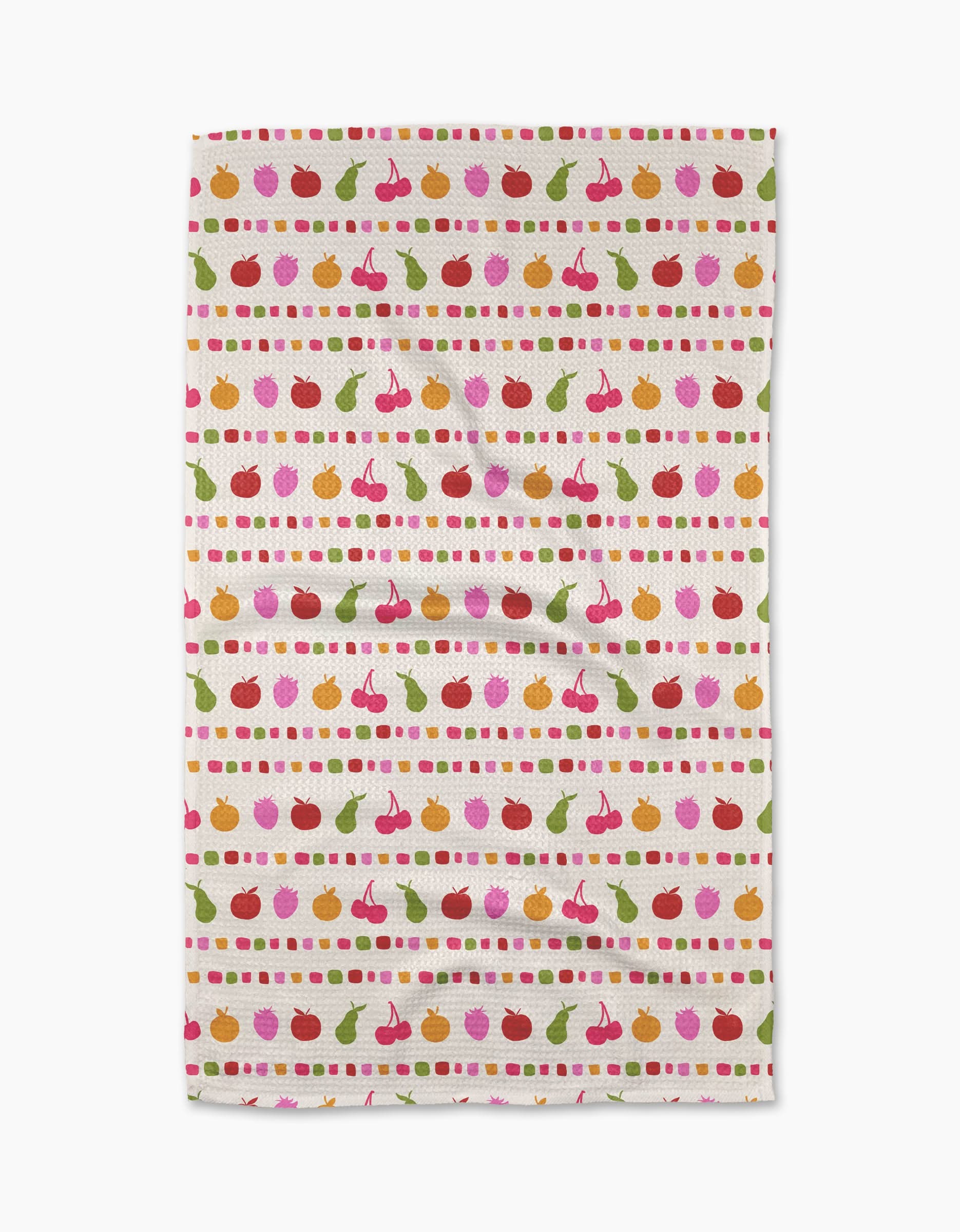 The Geometry Fruits At The Party Tea Towel features rows of colorful fruit patterns in pink, red, yellow, and green on white. Made from soft Geoweave fabric for excellent absorbency and durability.