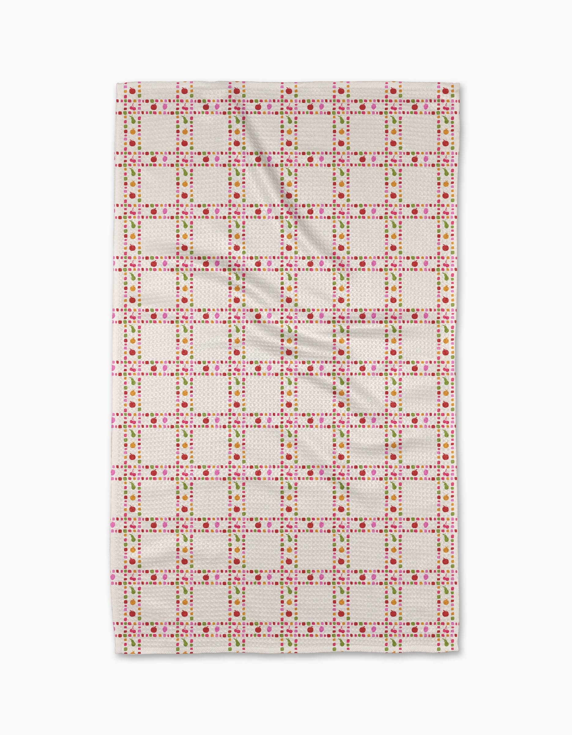 The Fruits Plaid tea towel by Geometry is made from recycled materials and showcases a lively grid of red, pink, and yellow geometric shapes with dots and lines on a white background for a vibrant, symmetrical style.