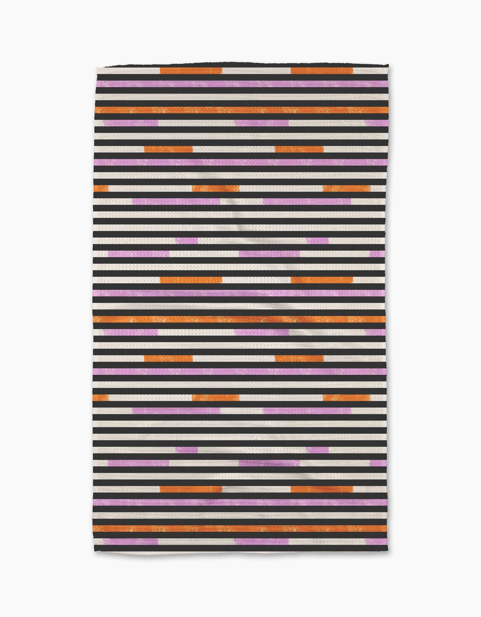 The Geometry Funk On tea towel is a rectangular Geoweave fabric featuring horizontal lines in black, white, orange, and purple of varying lengths, arranged in a repeating pattern on a white background.