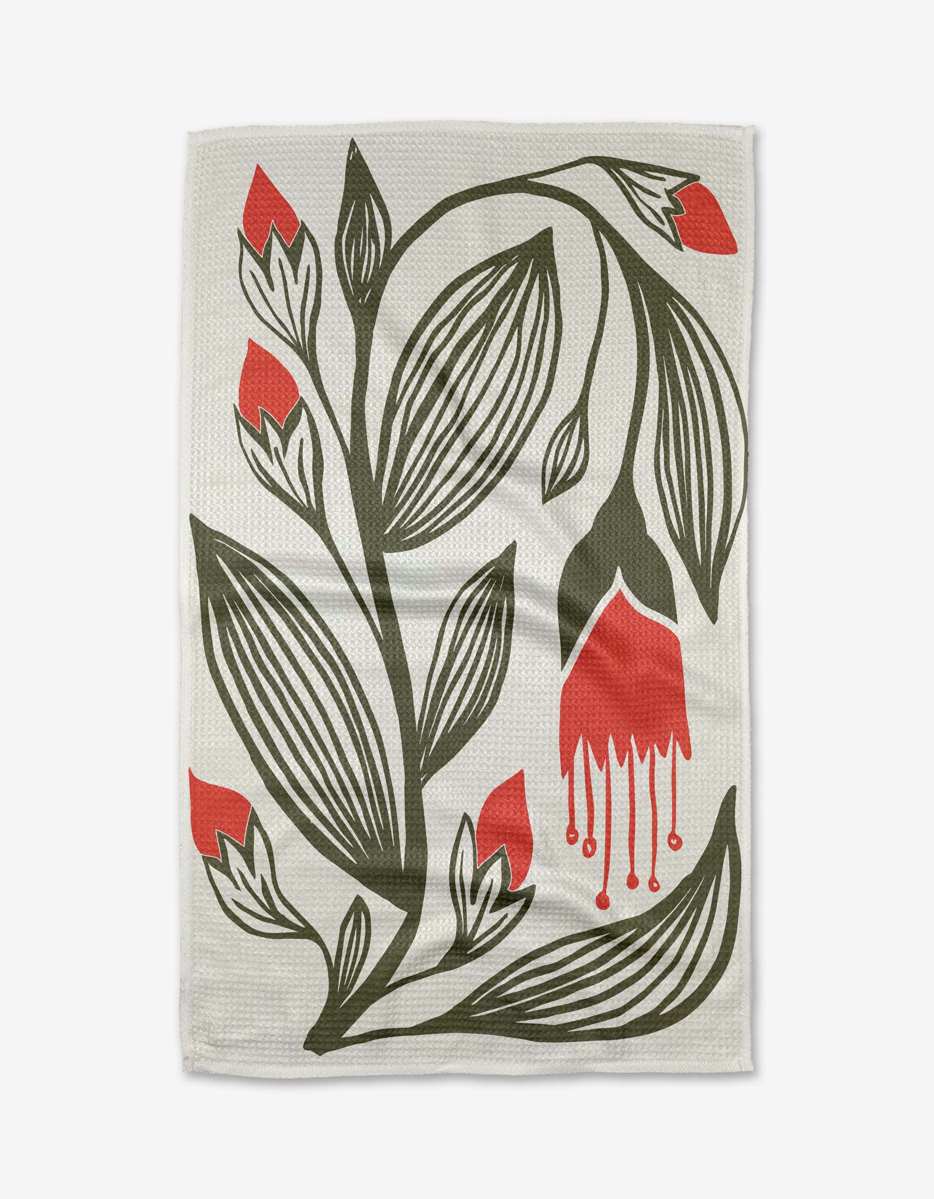 The Ash Cascade Garden Stamp is a white cloth made from ultra-absorbent Geoweave™ fabric, featuring a bold plant design with green leaves, red flower buds, and one large dripping-petal red flower.