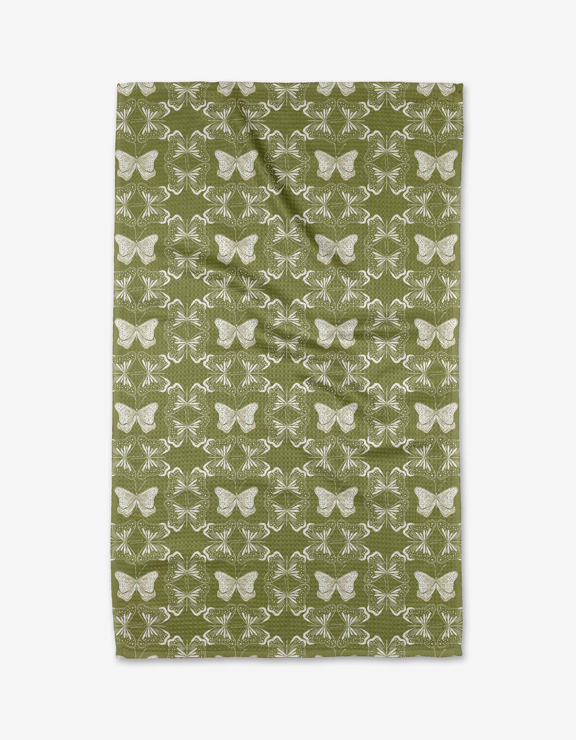 The Geometric Butterflies tea towel by Second Nature Studio features a green, rectangle shape with white butterfly and botanical patterns, made from recycled materials and shown flat on a white background.