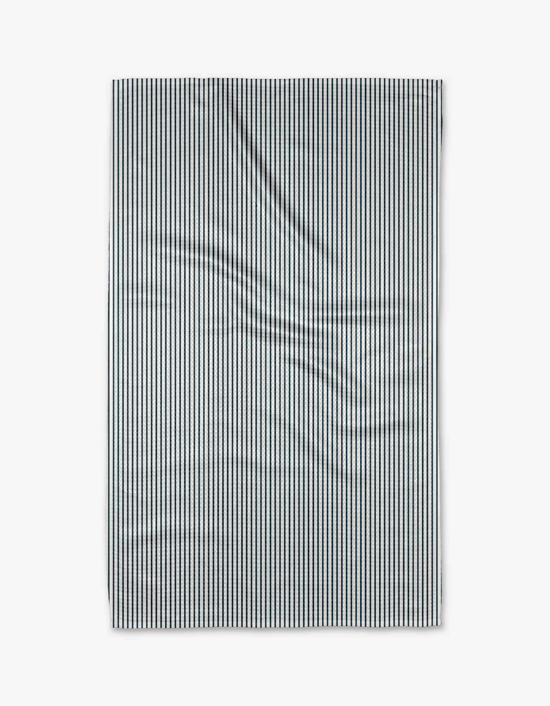 The Buy Guides Get In Line - Navy Geoweave Tea Towel features thin, vertical navy and white stripes. Displayed flat with subtle wrinkles on a light gray background, its ultra-absorbent and stylish for any kitchen.