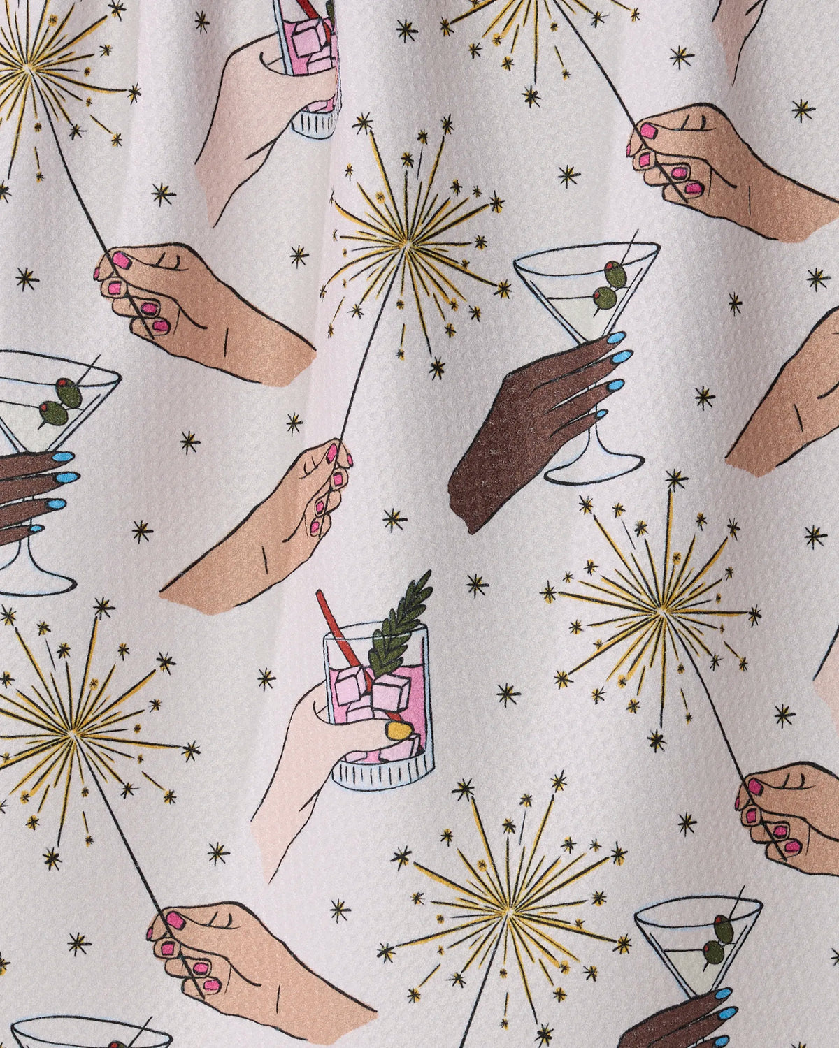 Glitter Cheers by Geometry features an illustrated pattern of diverse hands holding cocktails and martini glasses with olives, surrounded by golden starburst designs on a white textured background—an ideal motif for quick-drying towels or a chic recycled kitchen towel.