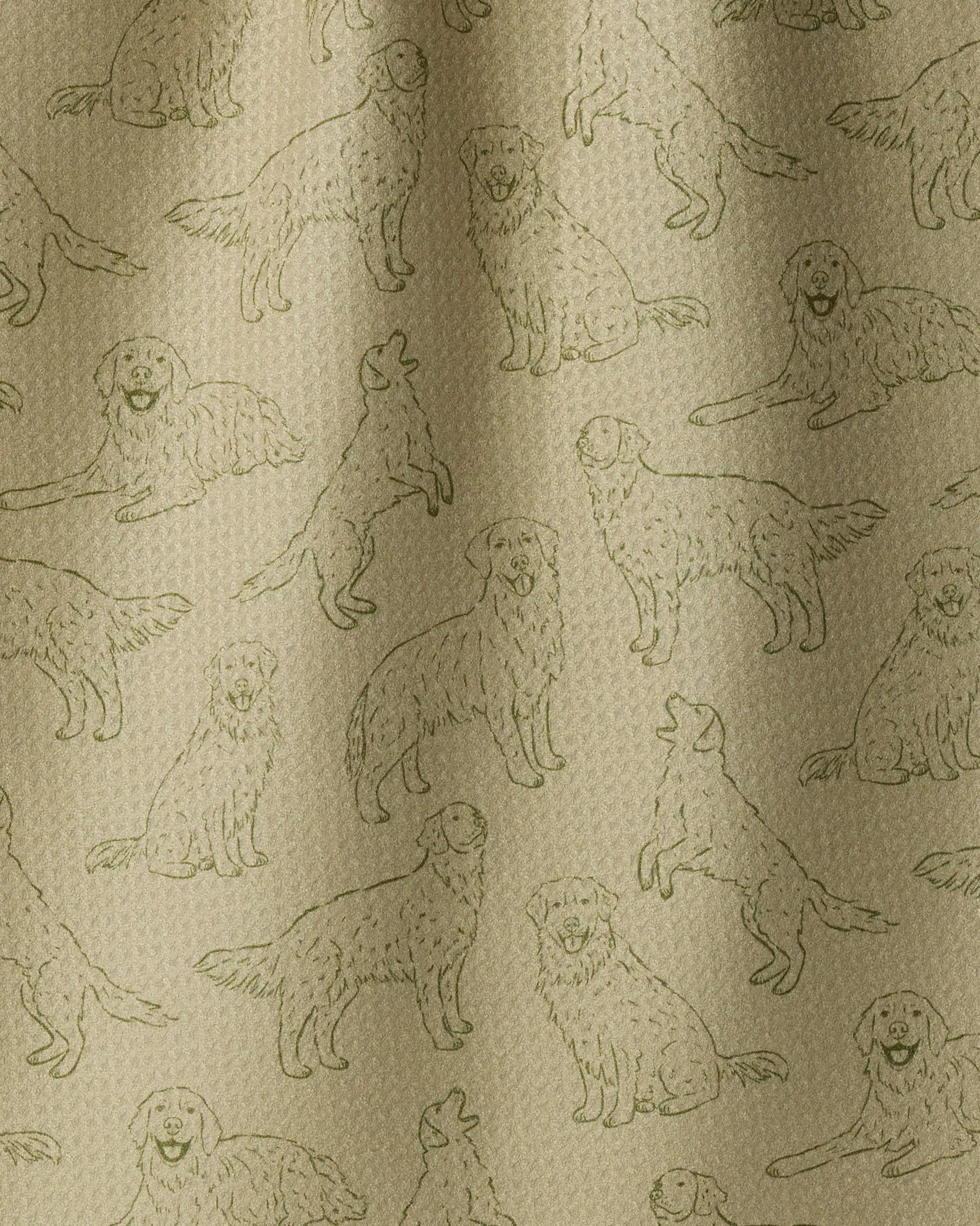 Golden Pups by Geometry features a beige, textured fabric adorned with line drawings of playful dogs in various poses—sitting, standing, and howling—all evenly spaced to form a repeating pattern. Crafted from recycled materials, this charming design makes it the perfect choice for a stylish kitchen towel.