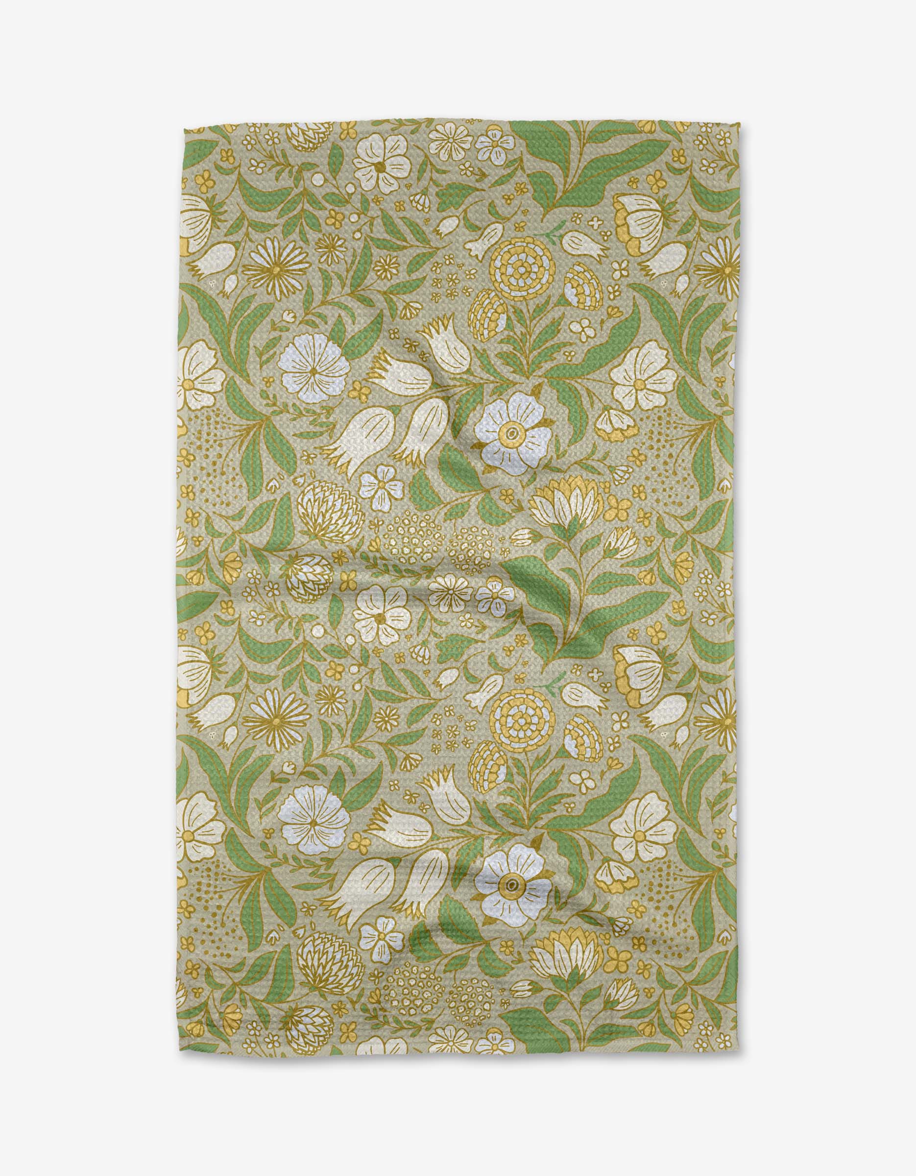 The Golden Summer tea towel by Danelys Sidron is a rectangular green Geoweave fabric towel with an intricate floral pattern of white and yellow flowers, leaves, and vines on a subtle dotted background.