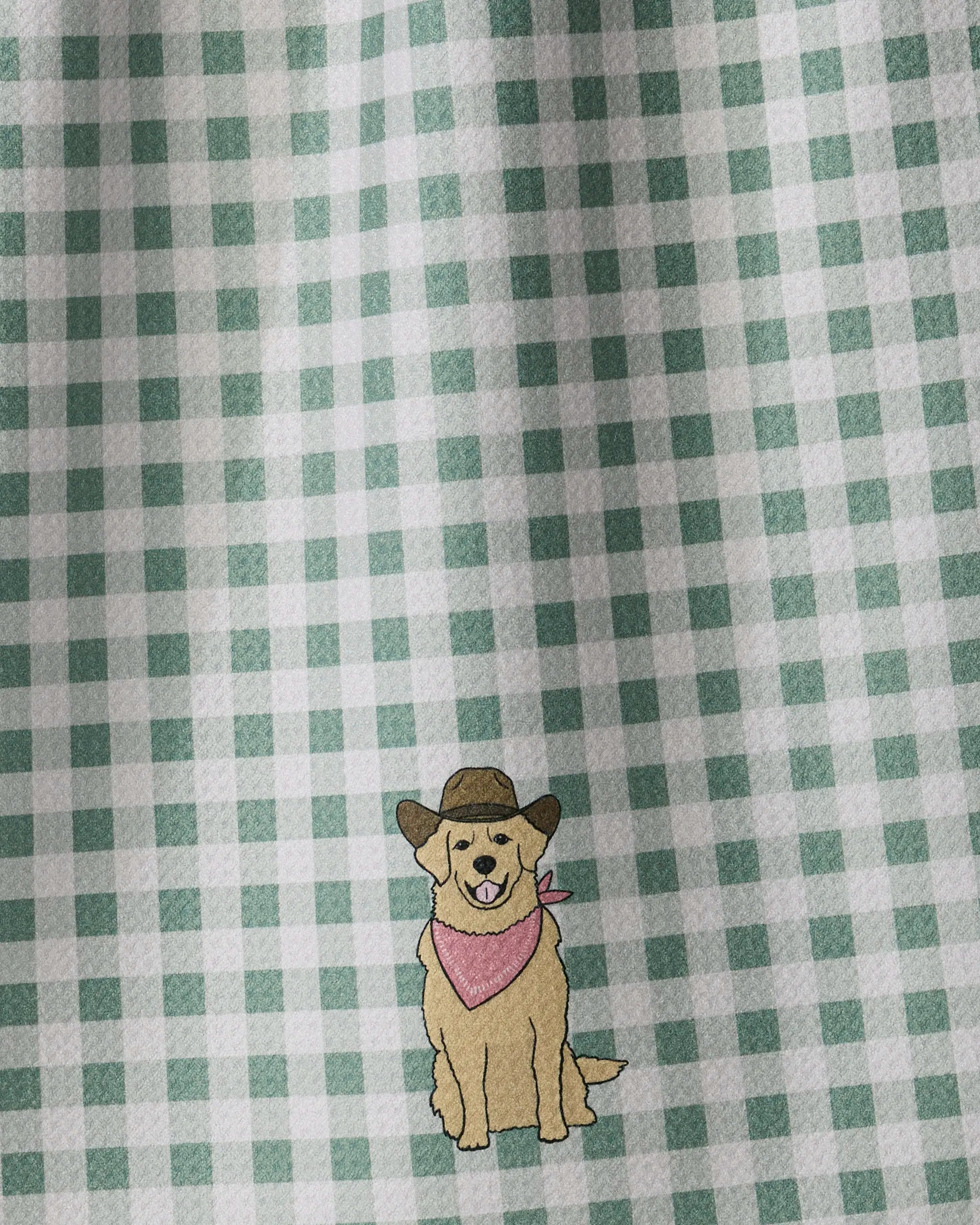 Illustration of a dog wearing a cowboy hat and pink bandana, sitting on green and white checkered fabric that resembles the ultra-absorbent “Golden Western” towel by Geometry.