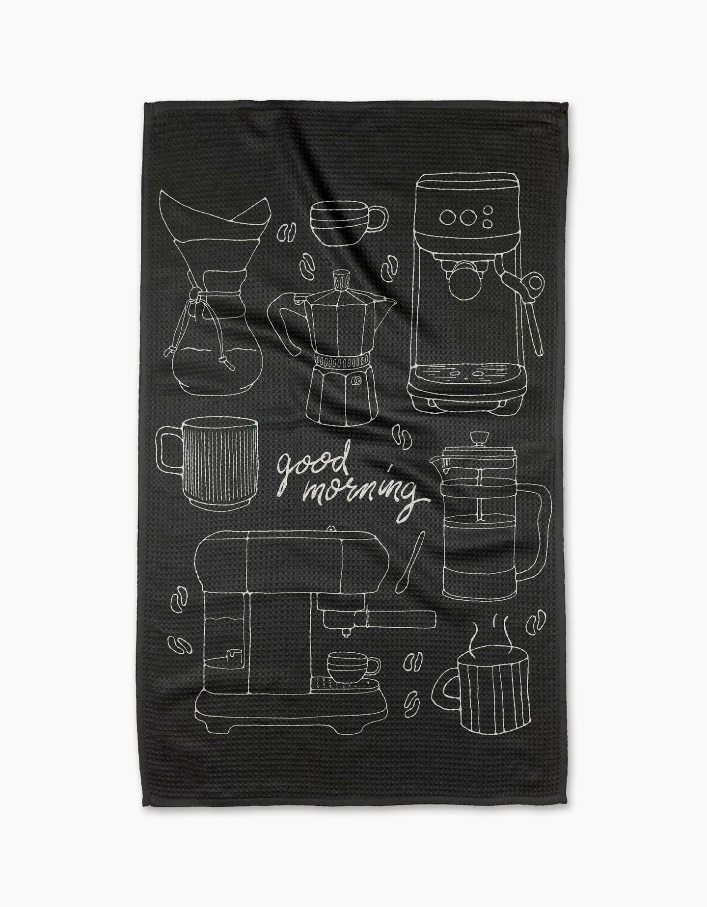 The Good Morning Coffee tea towel by Rosa Kichline showcases white outlines of coffee makers, cups, mugs, beans, and “good morning” on black. Crafted from quick-drying recycled materials for an eco-friendly, stylish kitchen accent.