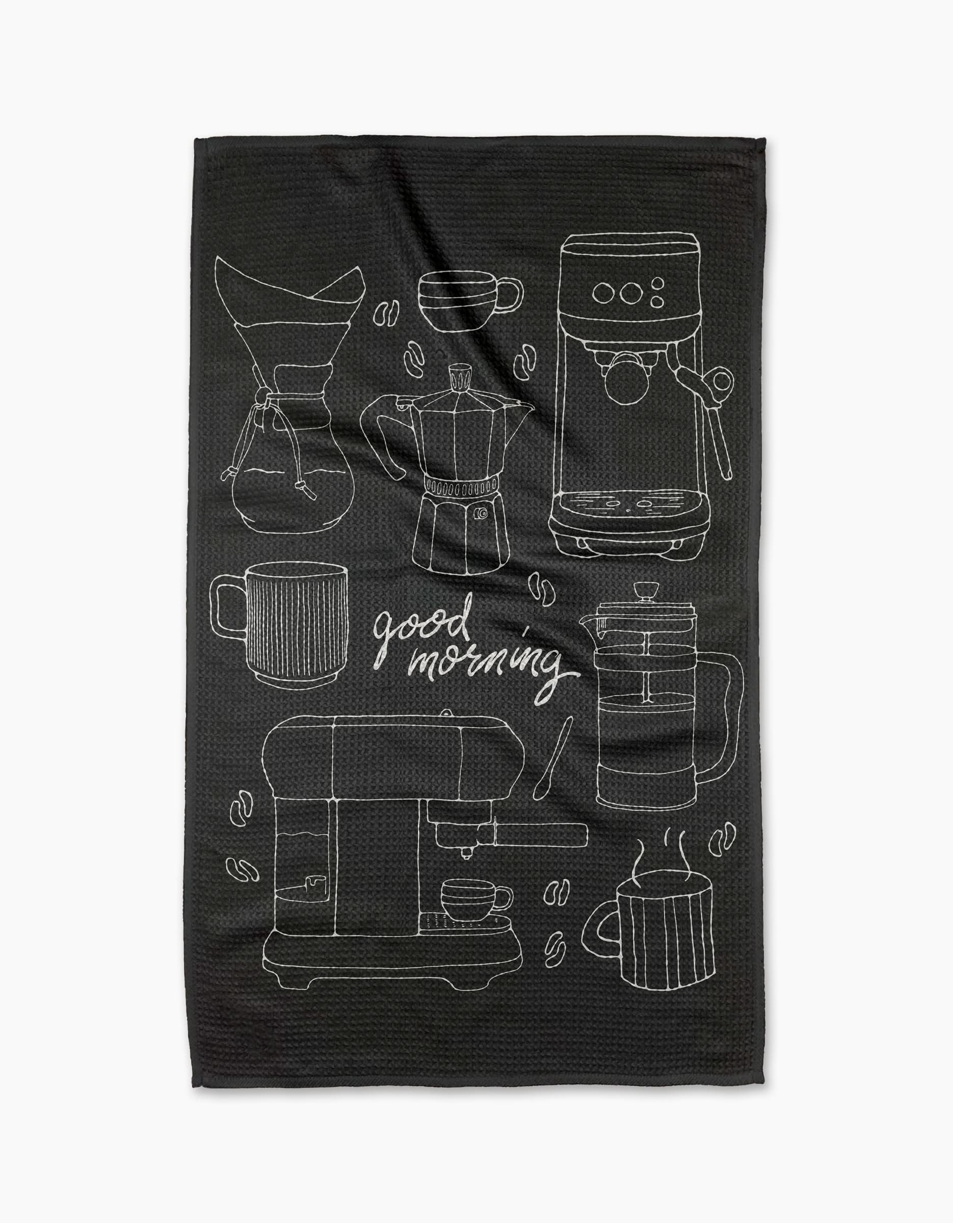 The Good Morning Coffee tea towel by Rosa Kichline showcases white outlines of coffee makers, cups, mugs, beans, and “good morning” on black. Crafted from quick-drying recycled materials for an eco-friendly, stylish kitchen accent.