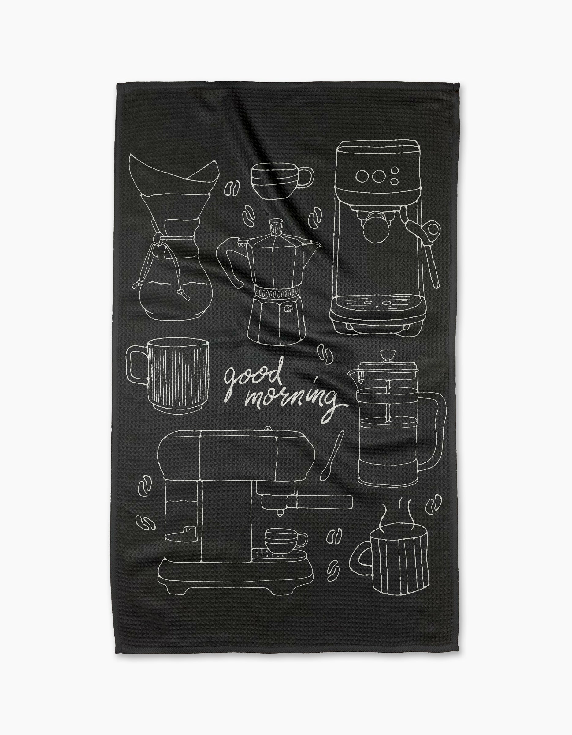The Good Morning Coffee tea towel by Rosa Kichline showcases white outlines of coffee makers, cups, mugs, beans, and “good morning” on black. Crafted from quick-drying recycled materials for an eco-friendly, stylish kitchen accent.